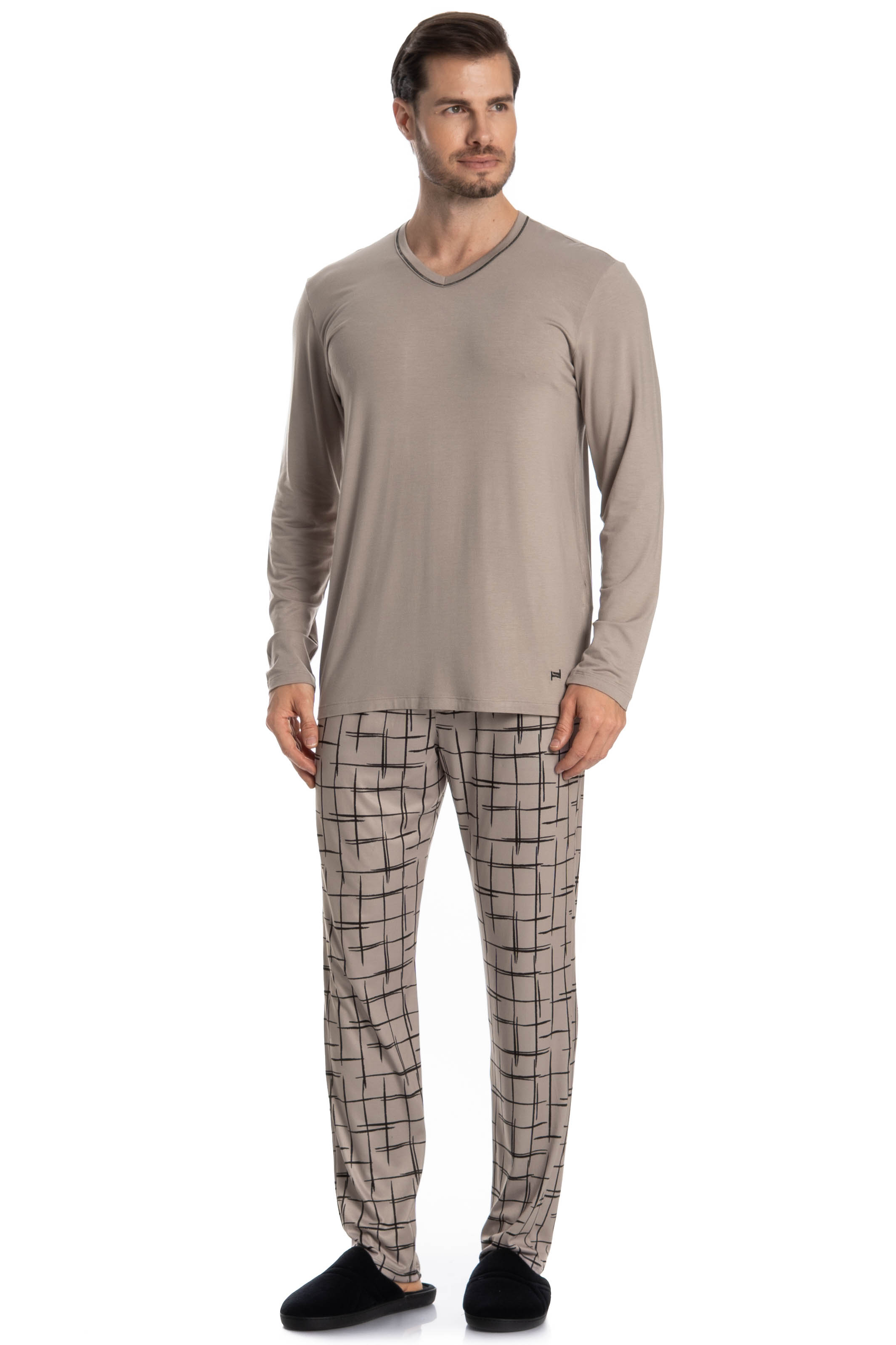 Pijama Masculino Longo Felipe Bege - Imagem 1