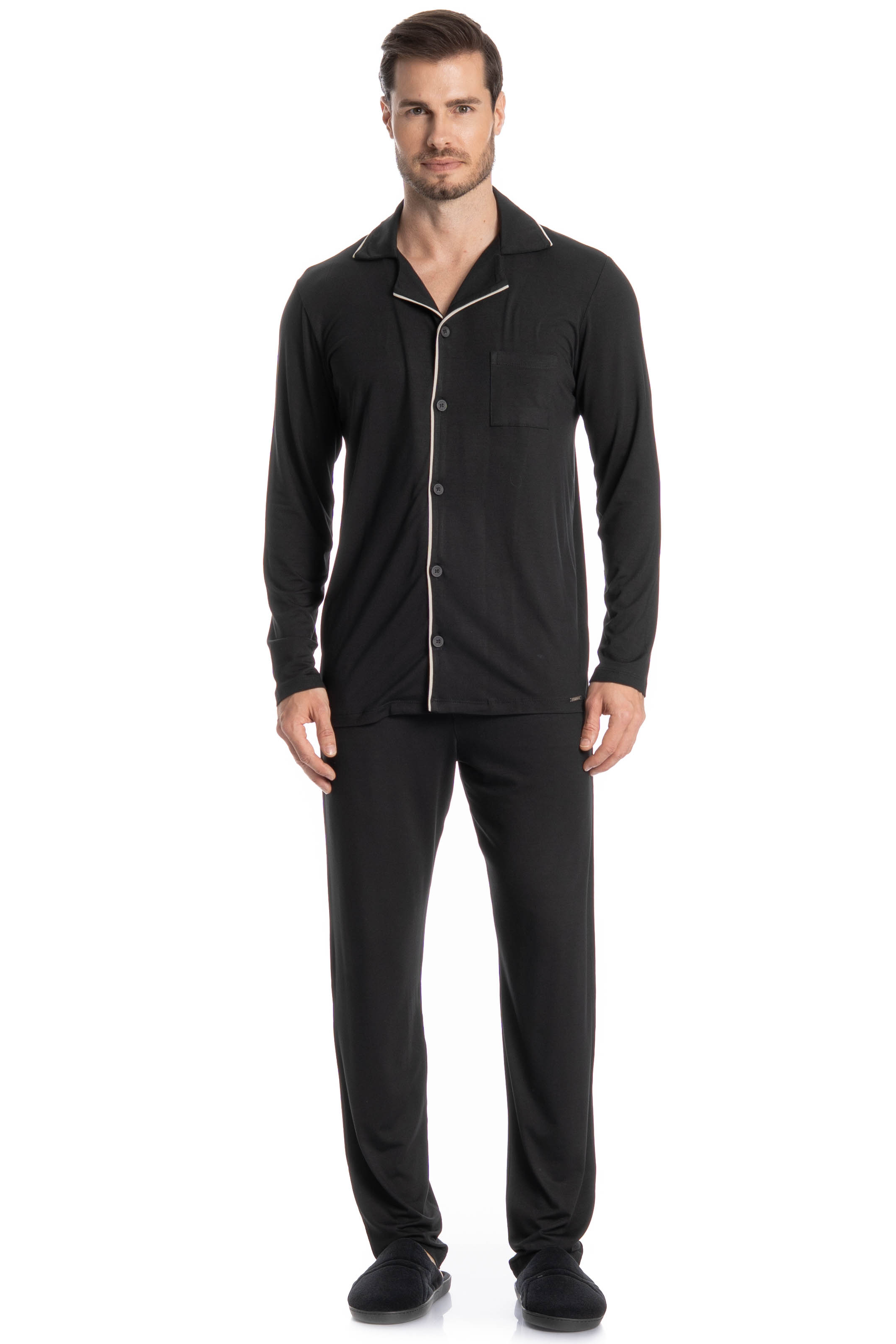 Pijama Masculino Longo Americano Carlos Preto - Imagem 1