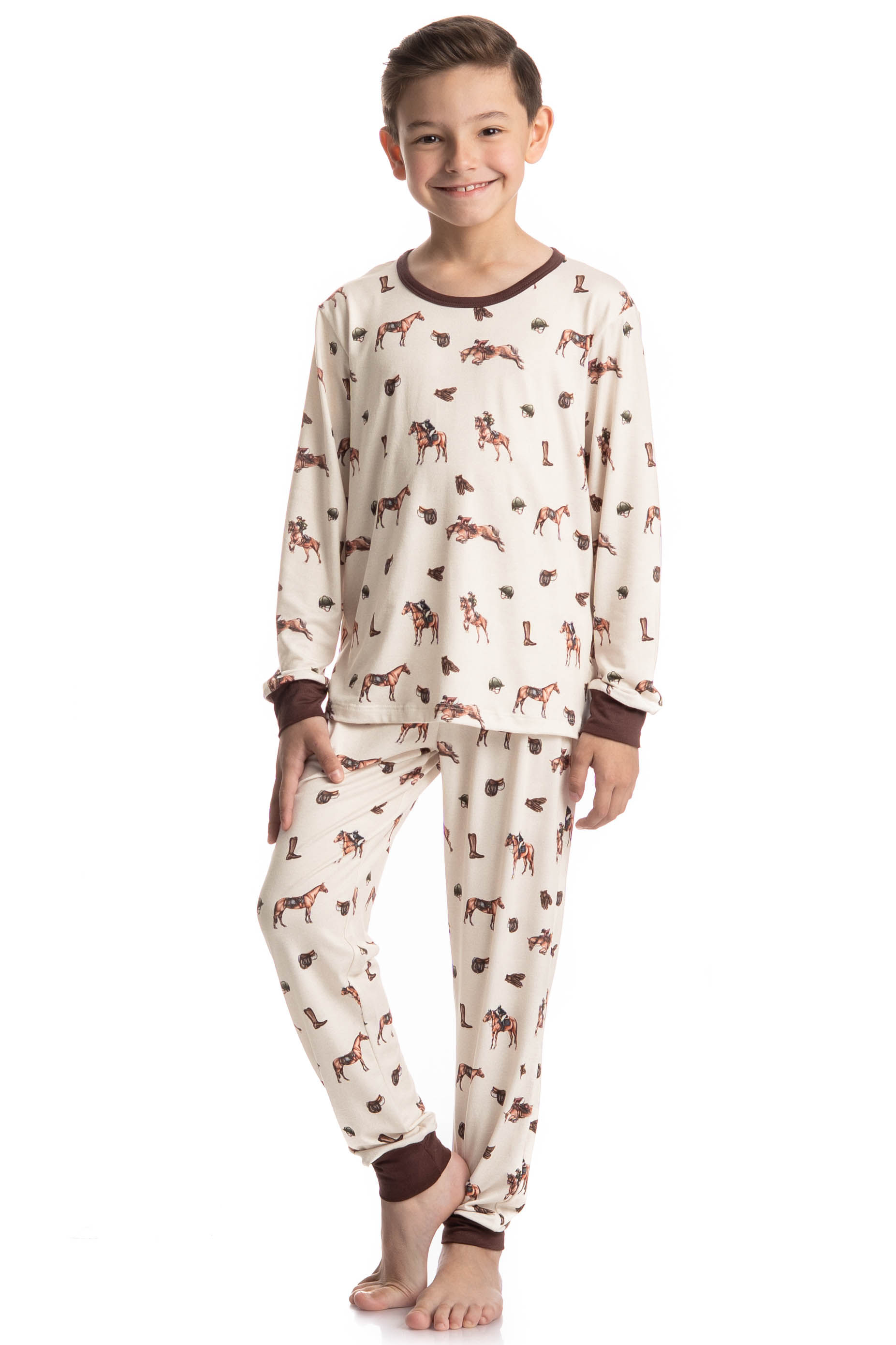 Pijama Longo Infantil Unissex Hipismo Bege - Imagem 1