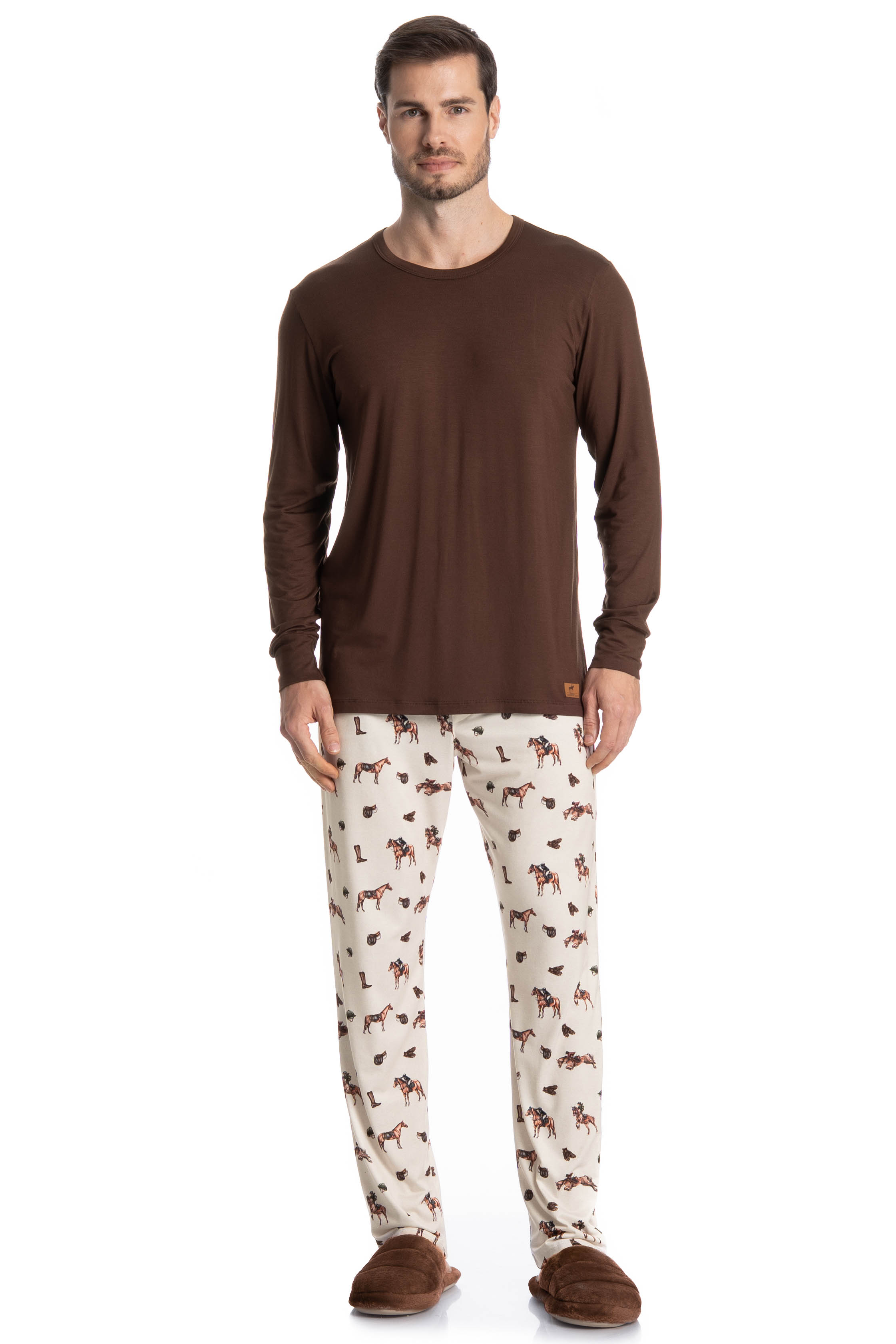 Pijama Masculino Longo Hipismo Bege - Imagem 1