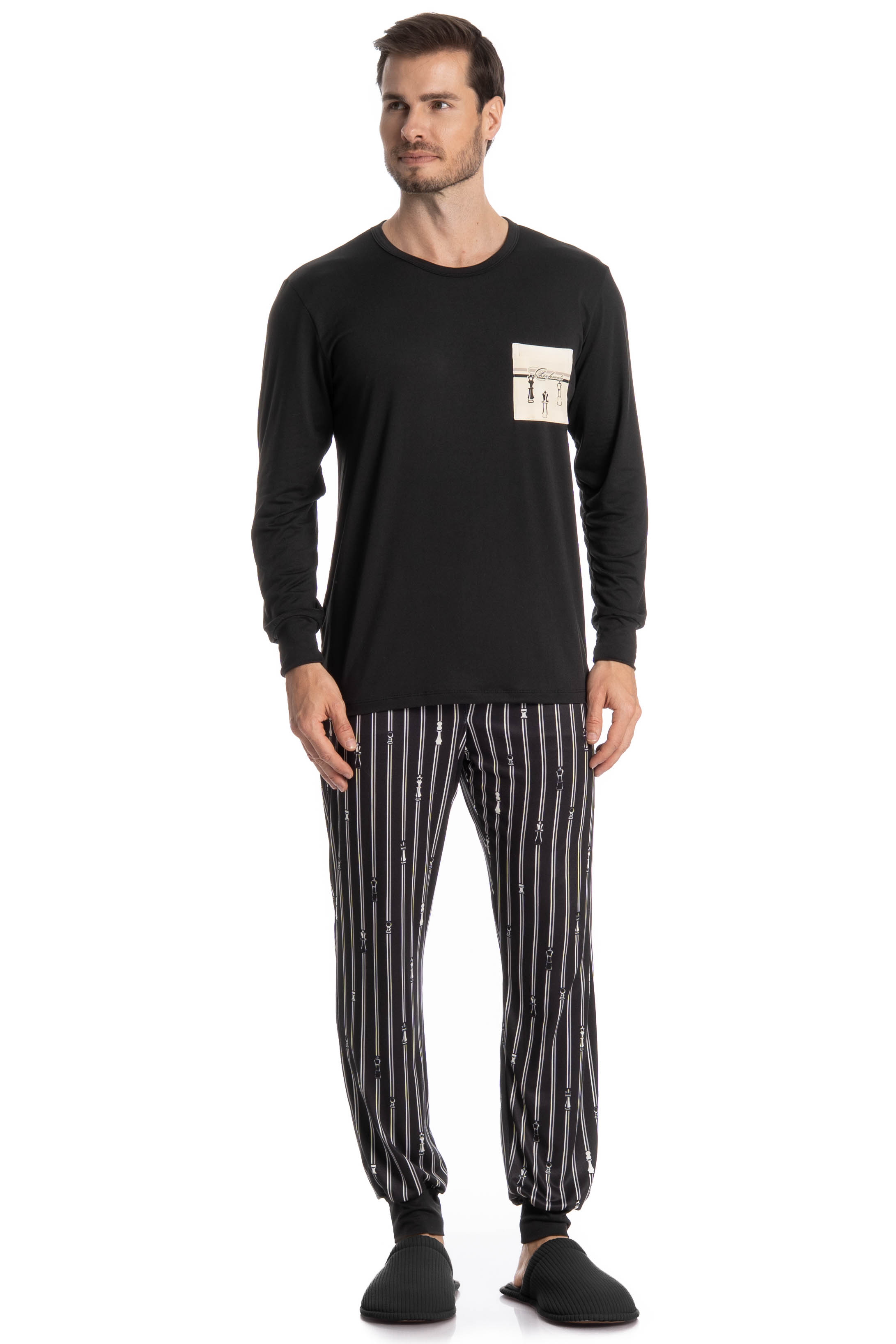 Pijama Longo Masculino Xadrez Preto - Imagem 1