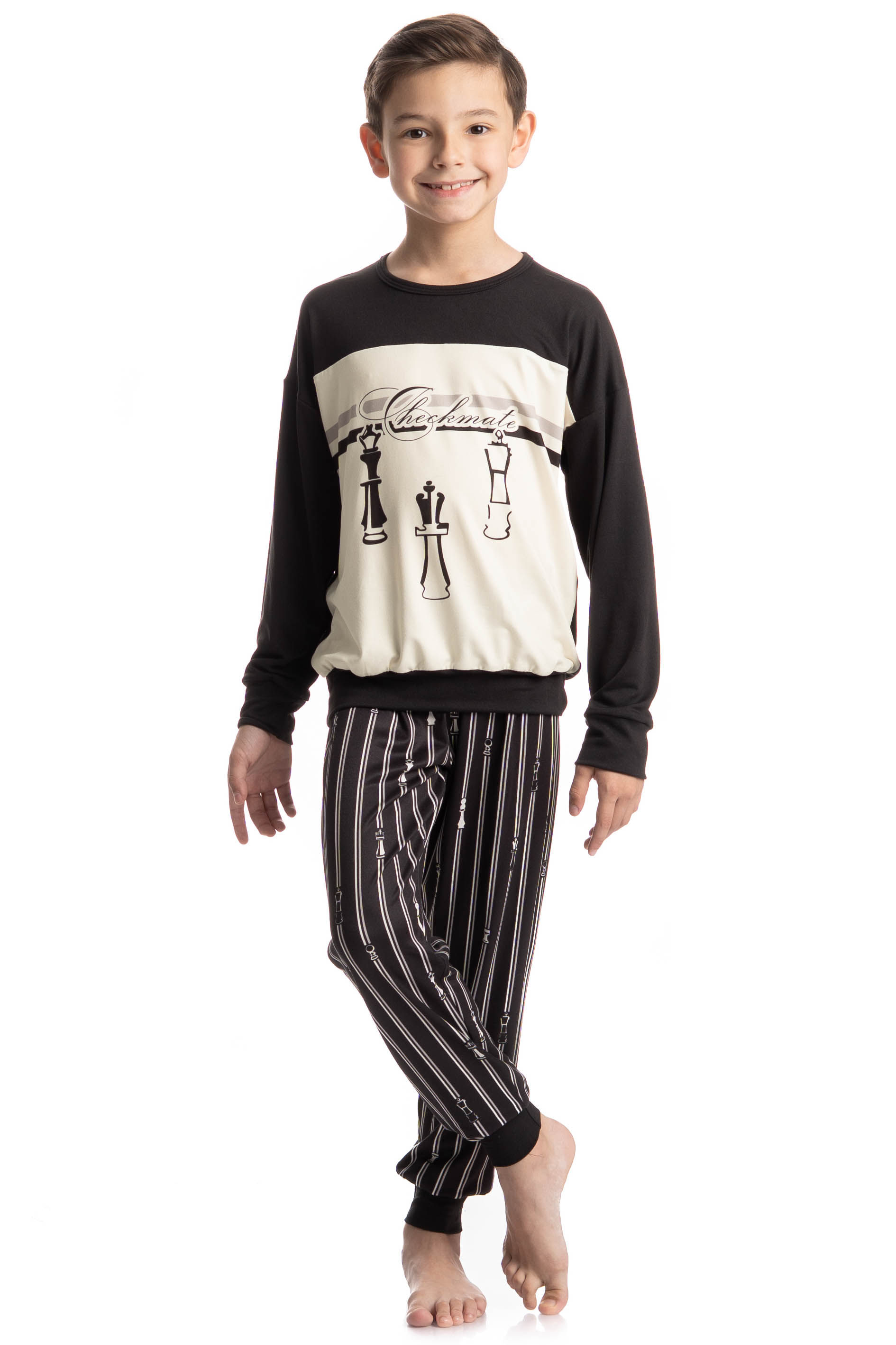 Pijama Infantil Longo Unissex Xadrez Preto - Imagem 1