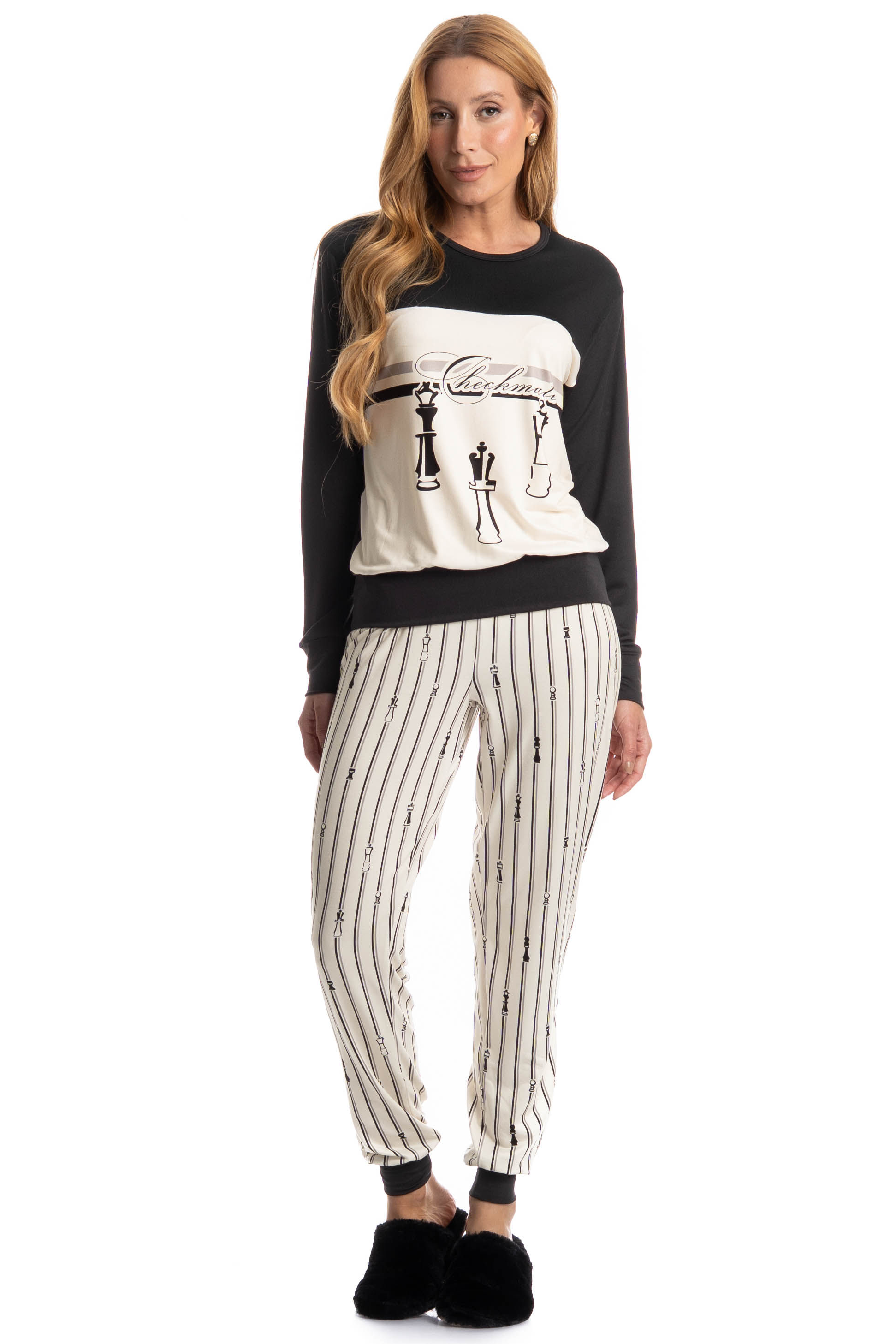Pijama Feminino Longo Xadrez Preto - Imagem 1