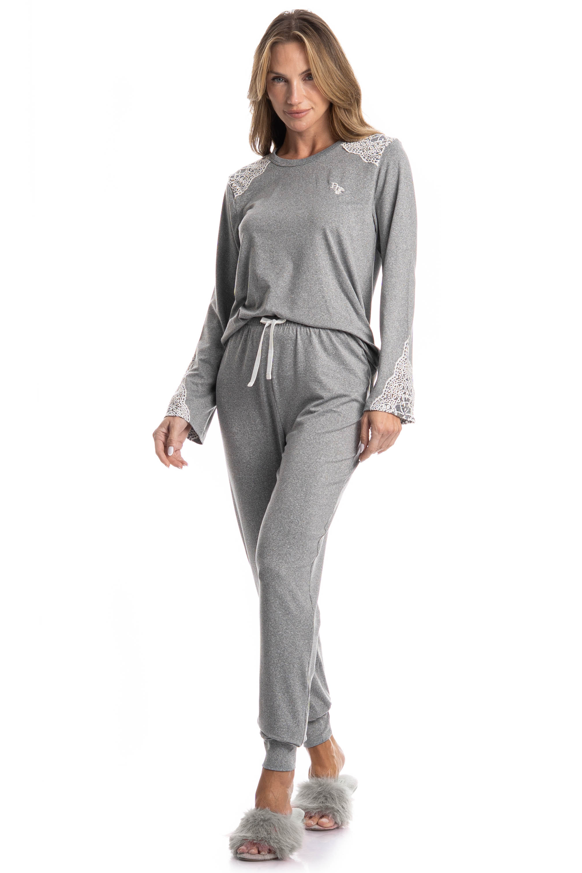 Pijama Feminino Longo Erica Cinza - Imagem 1