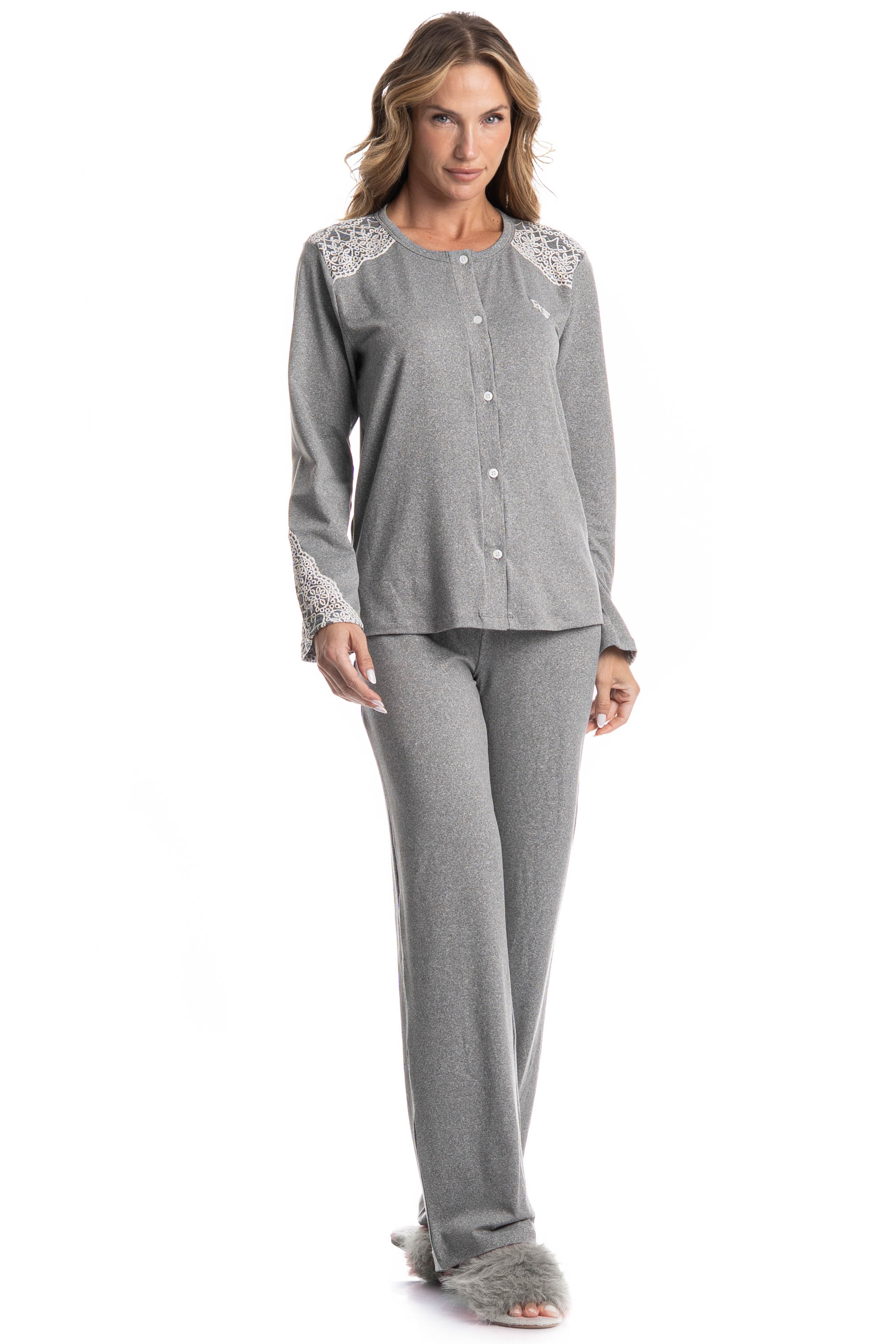 Pijama Feminino Longo Americano Erica Cinza - Imagem 1