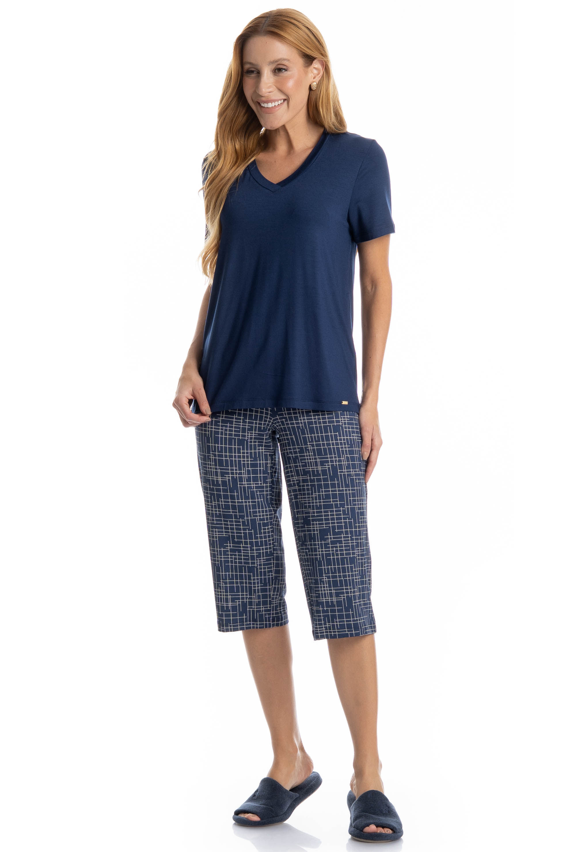 Pijama Feminino Pescador Thais Azul-marinho - Imagem 1