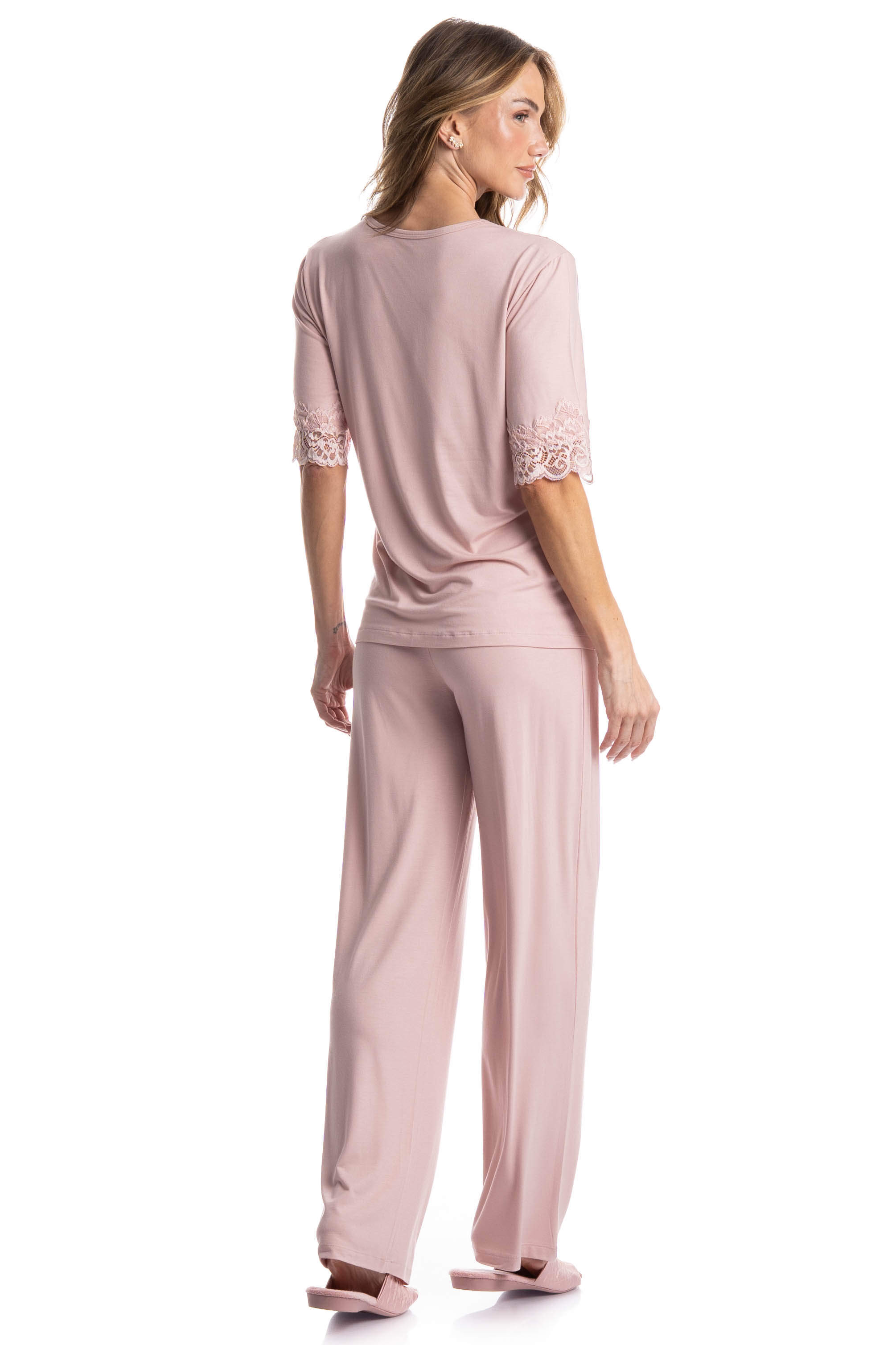 Pijama Feminino Longo Manga Curta Aurora Rosa-3 - Imagem 2