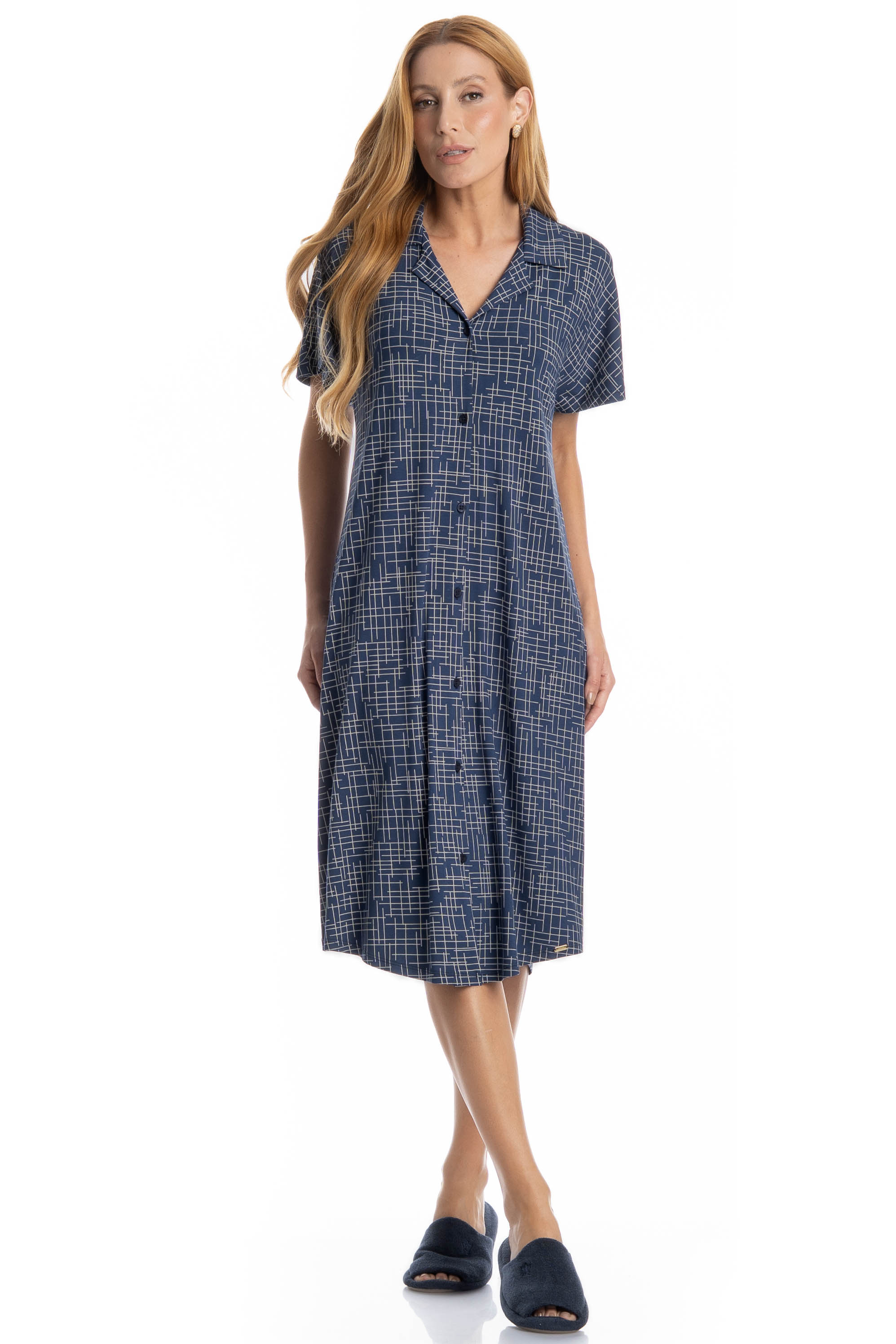 Camisão Feminino Abotoado Médio Thais Azul-marinho - Imagem 1