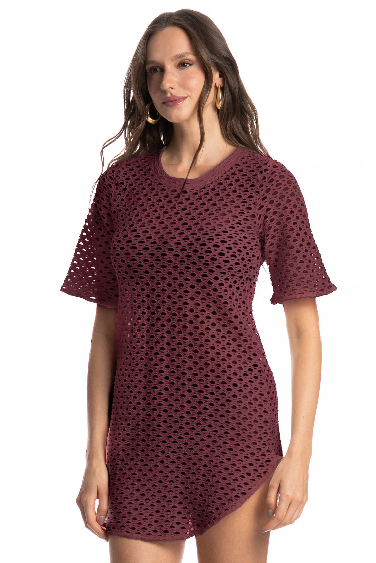 Vestido Curto Com Manga Mangostim Vinho - Imagem 1