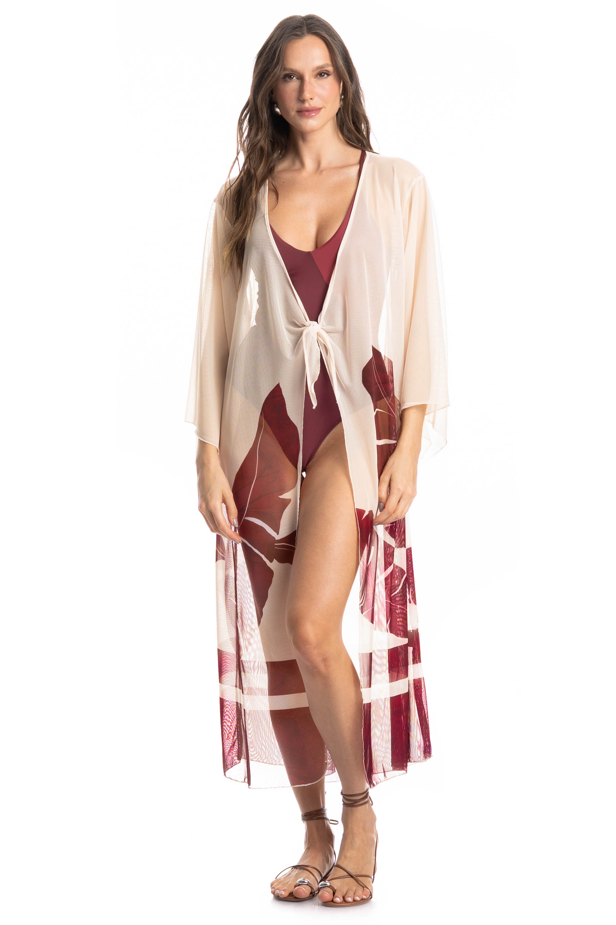 Kaftan De Tule Com Manga Folha Vinho - Imagem 1