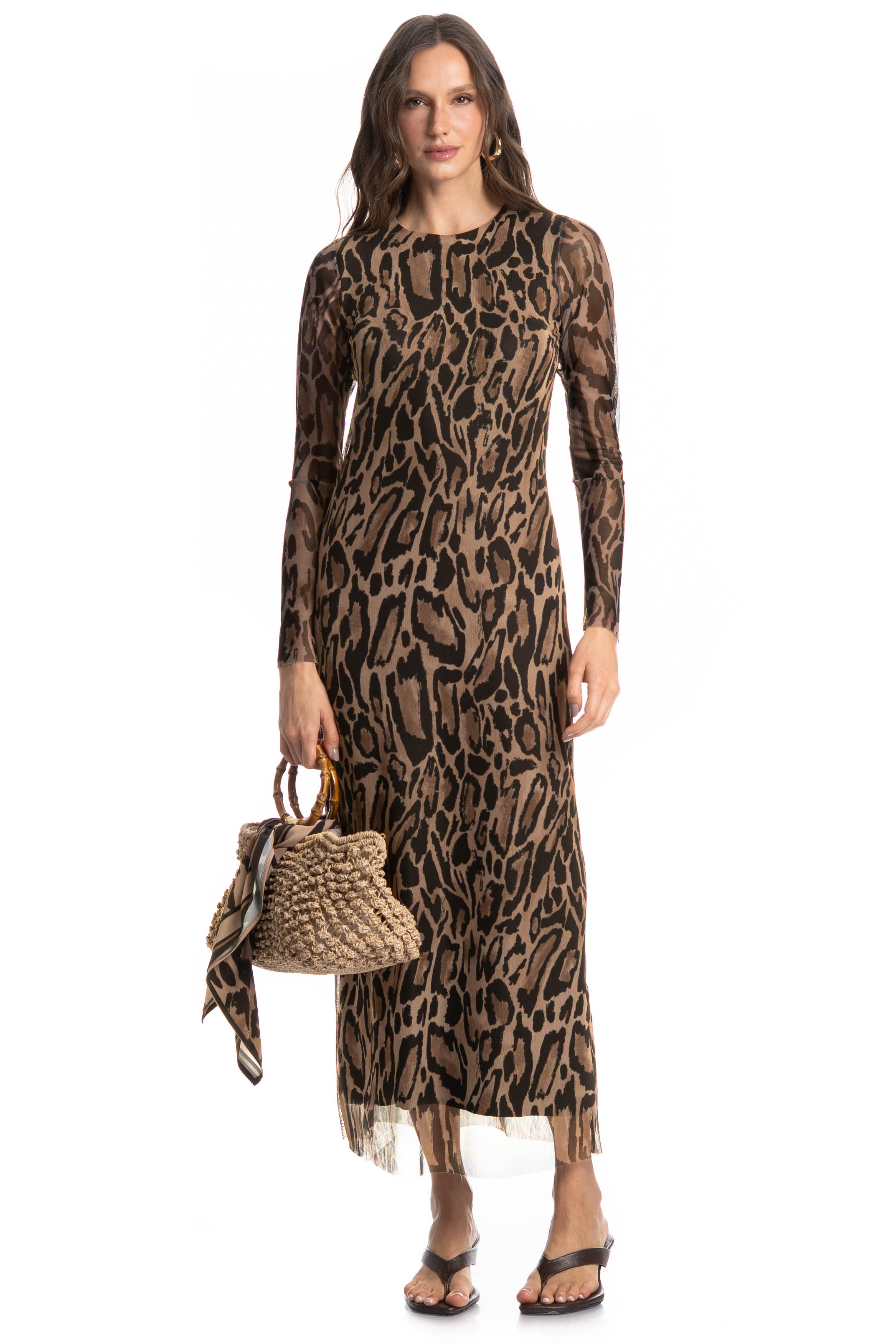 Vestido De Tule Com Manga Longa Onça Marrom - Imagem 1