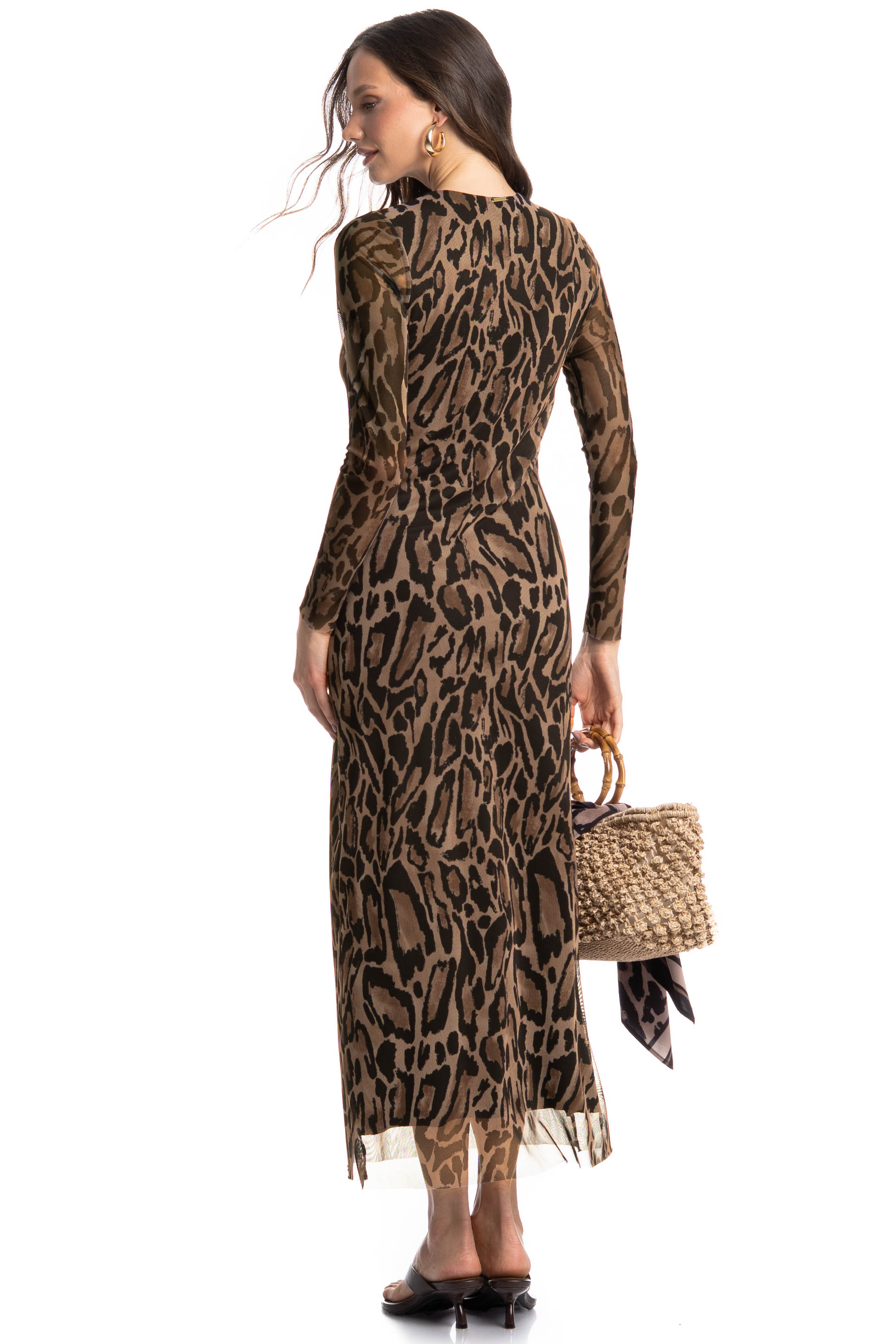 Vestido De Tule Com Manga Longa Onça Marrom - Imagem 2