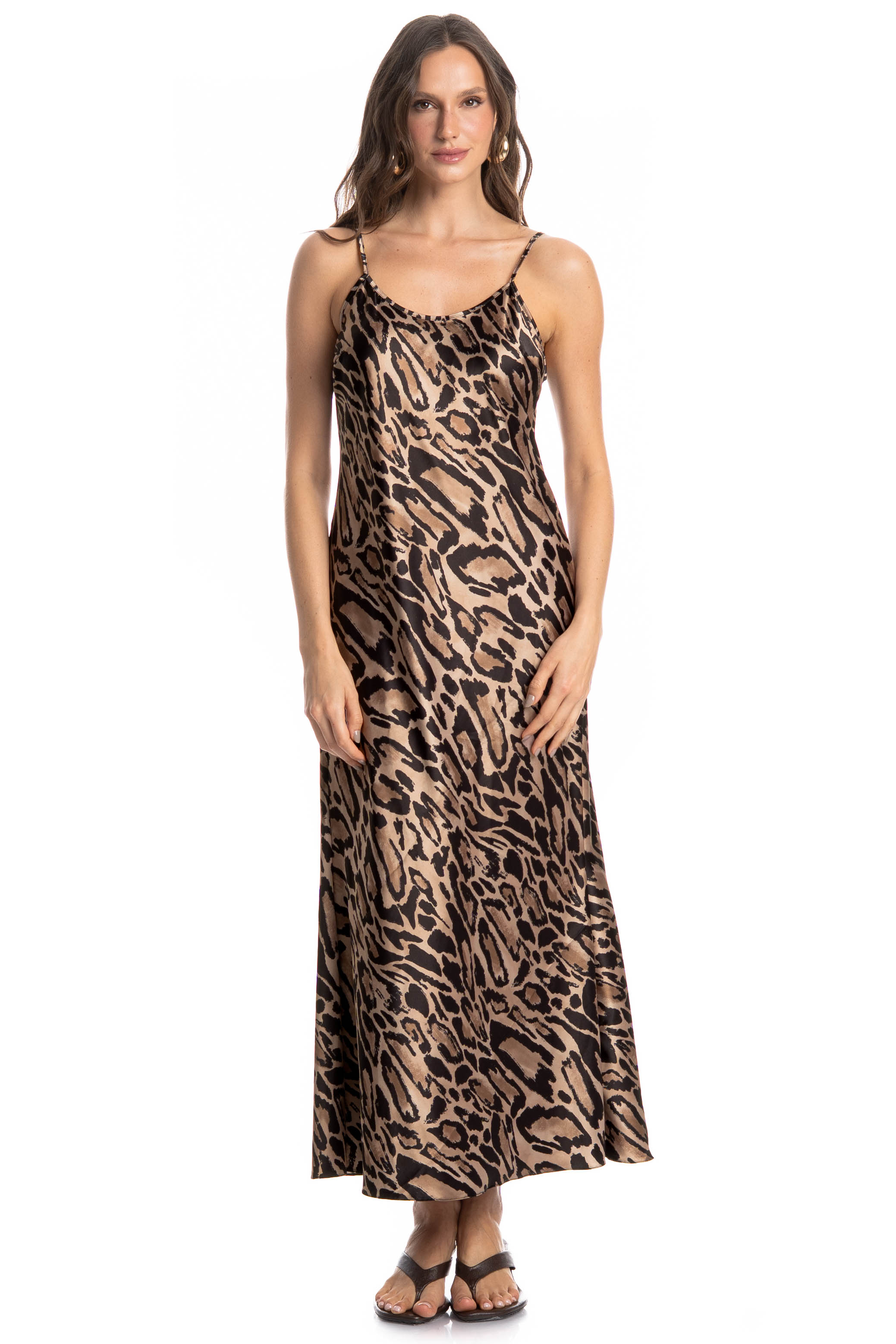 Vestido De Cetim Alcinha Onça Marrom - Imagem 1