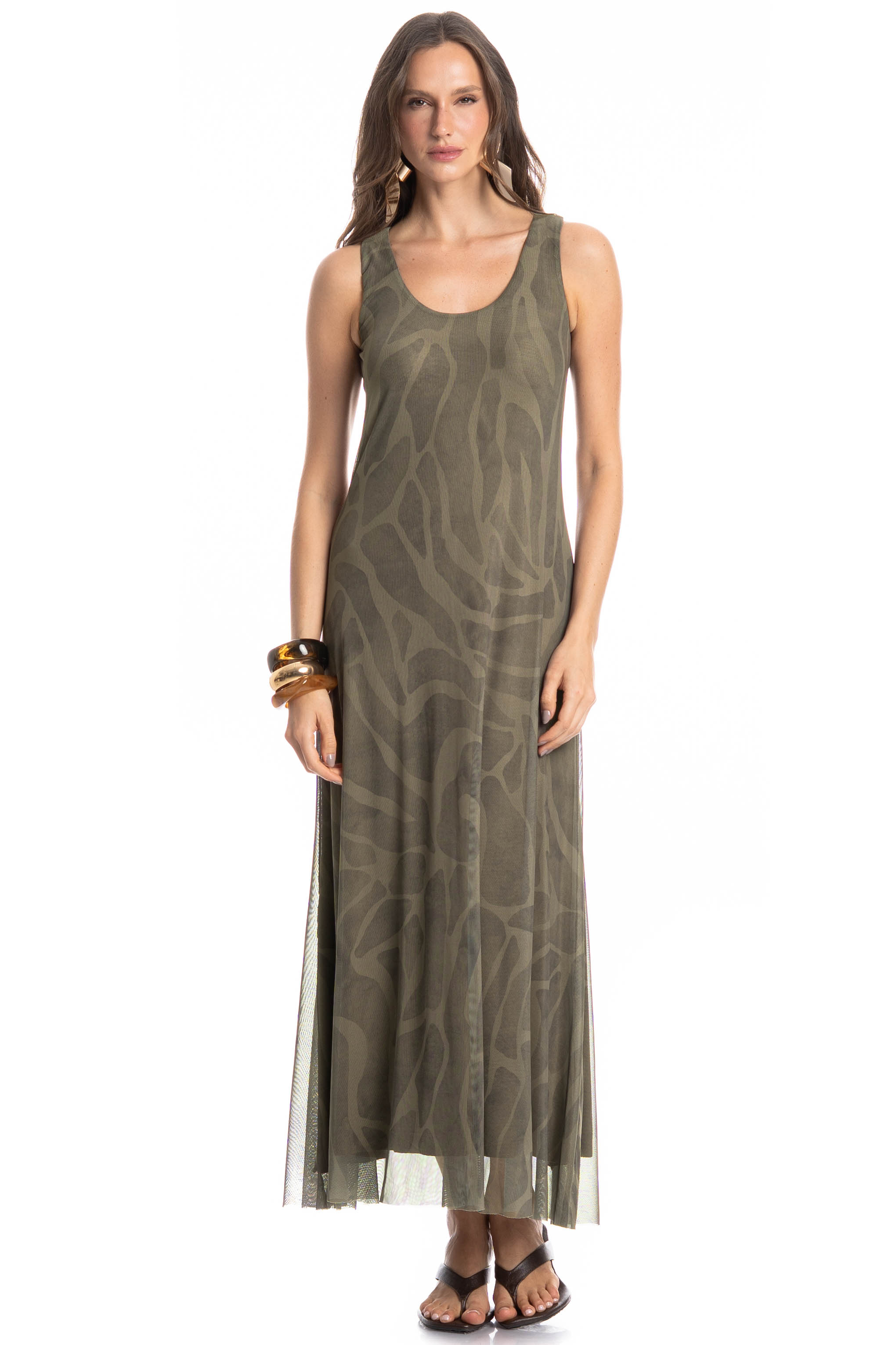 Vestido Evasê De Tule Safari Verde - Imagem 1