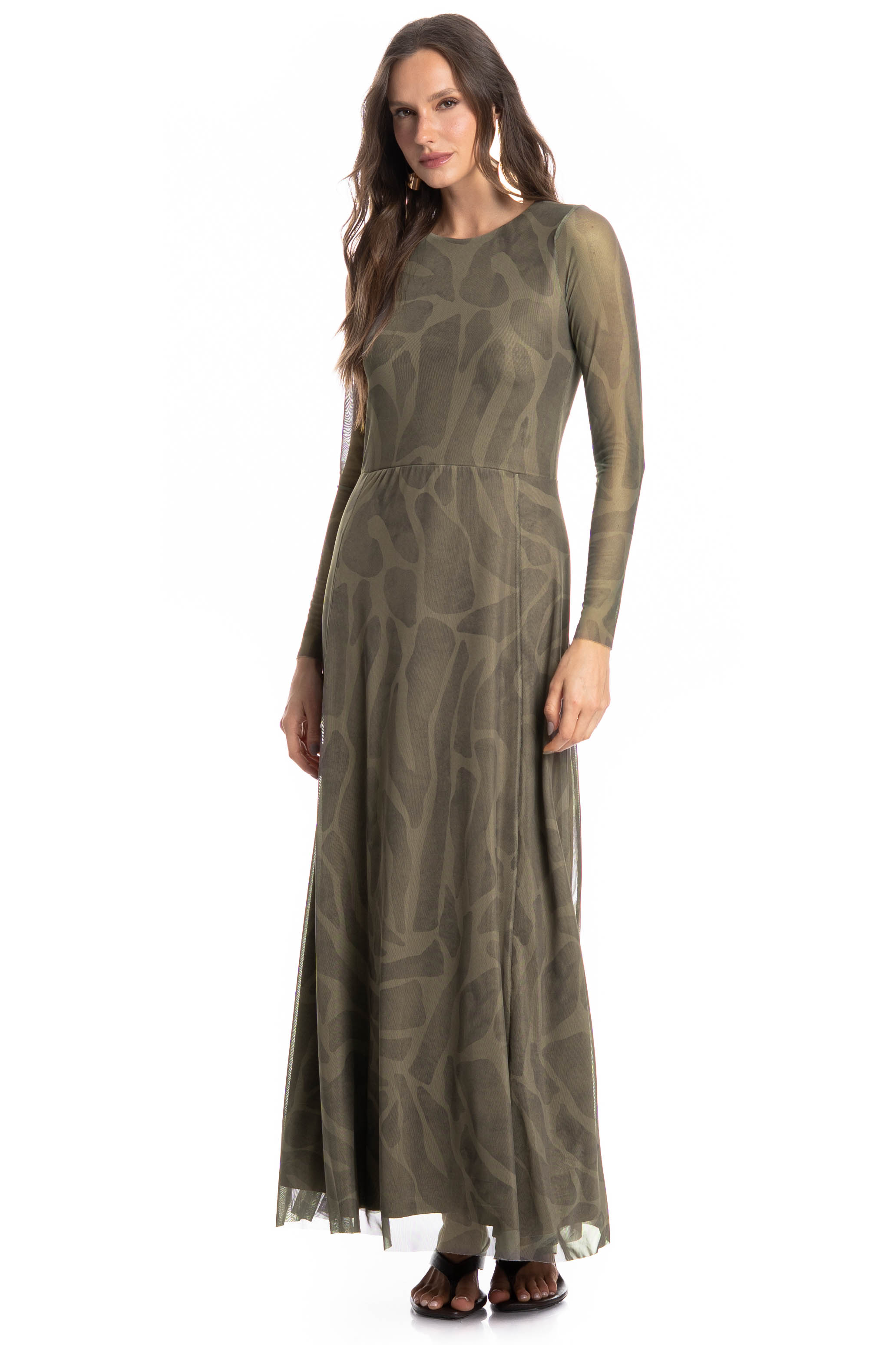 Vestido De Tule Com Manga Longa Safari Verde - Imagem 1