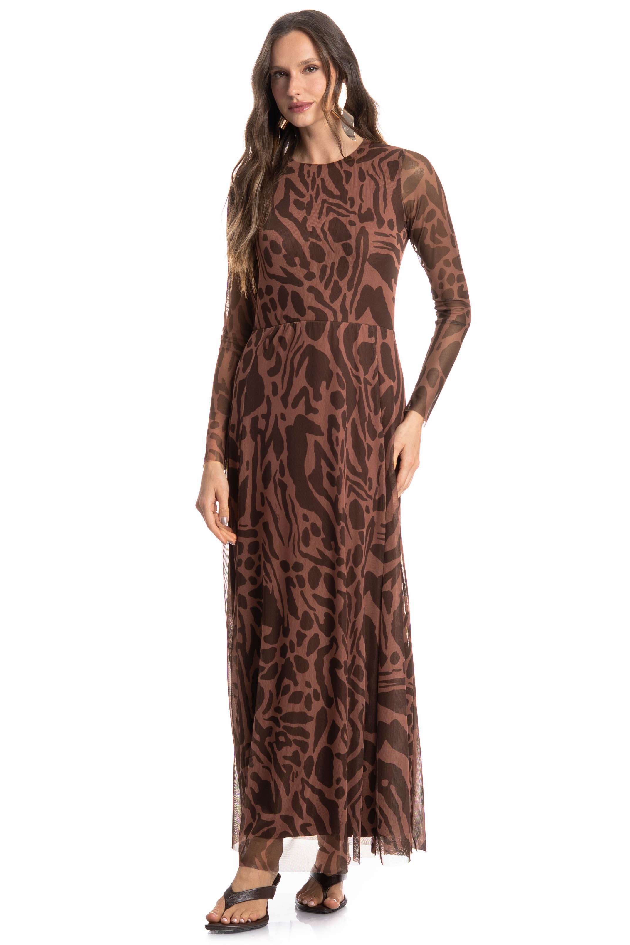 Vestido De Tule Com Manga Longa Colinas Marrom - Imagem 1