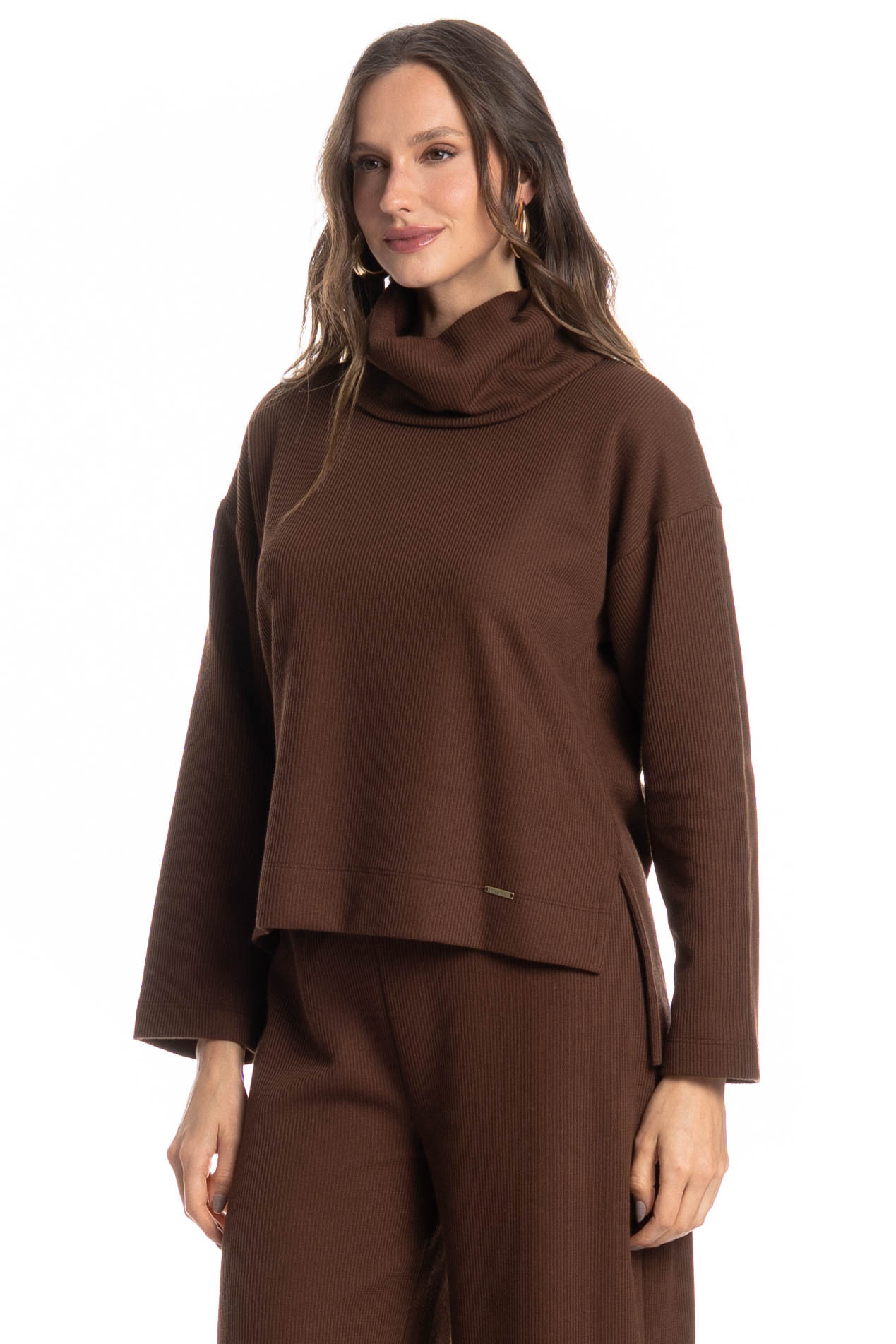 Blusa Feminina Gola Alta Giulia Marrom - Imagem 1