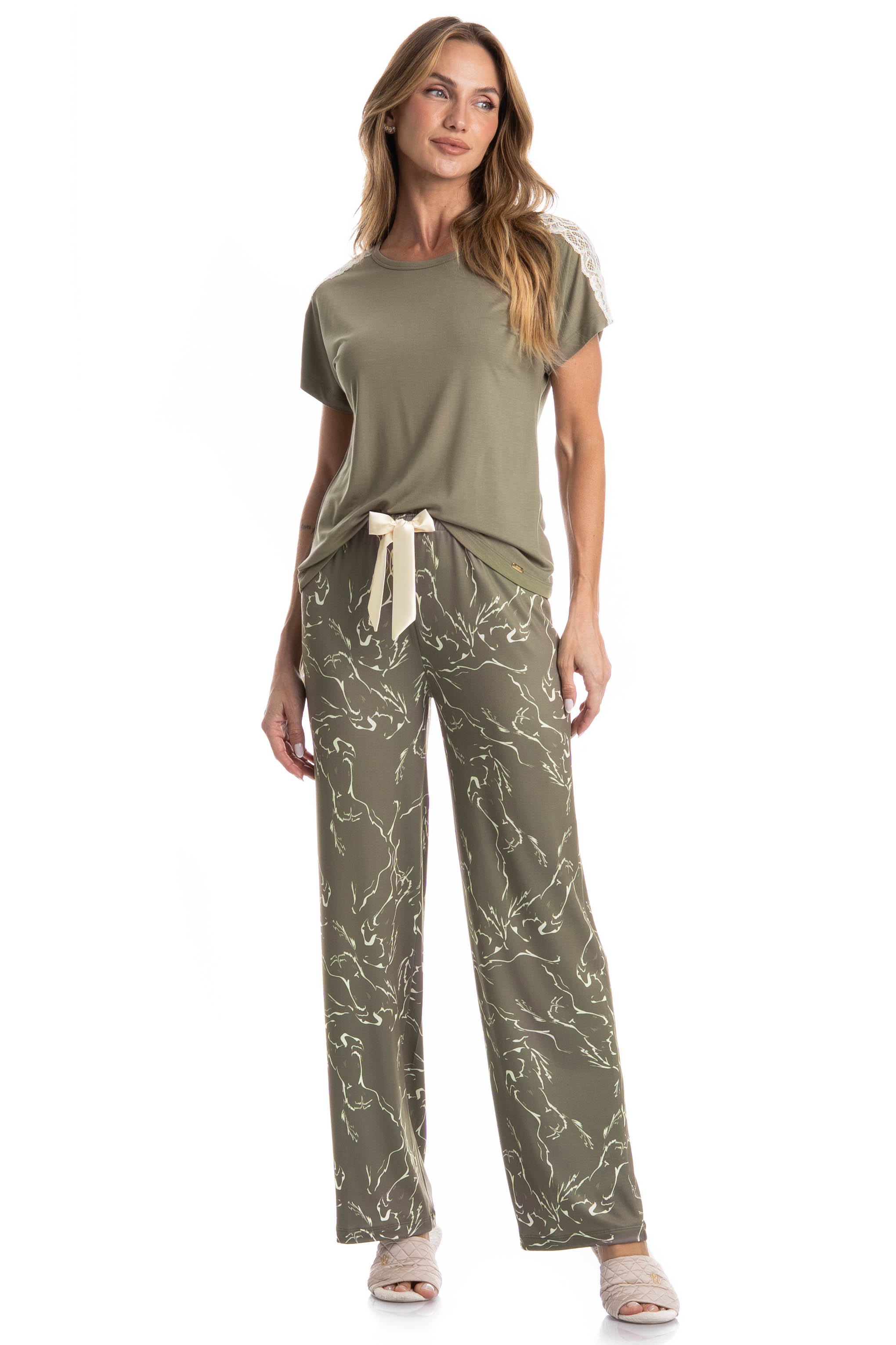 Pijama Feminino Longo Manga Curta Ártemis Verde - Imagem 1