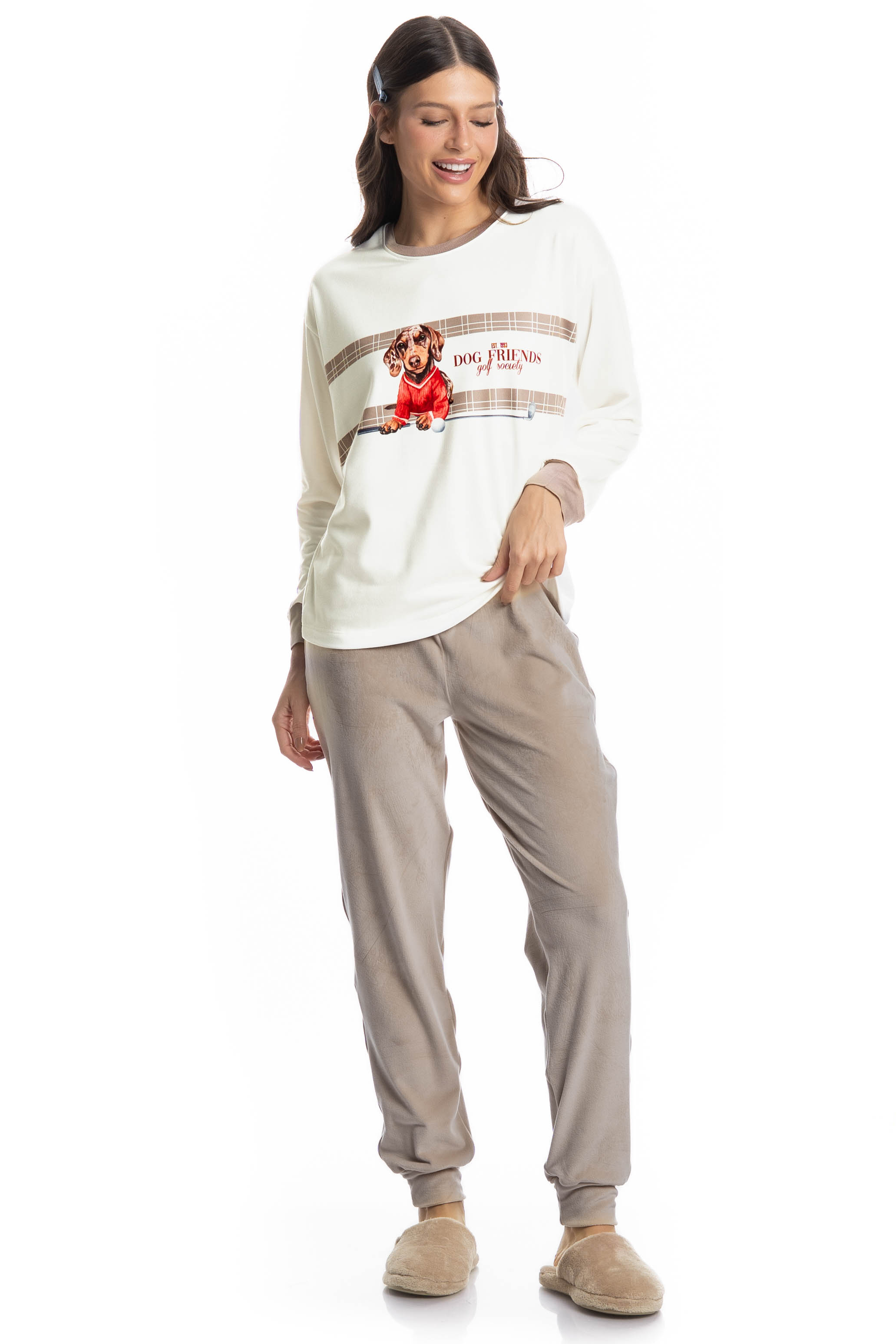 Pijama Feminino Longo Velvet Dogs Golf Bege - Imagem 1