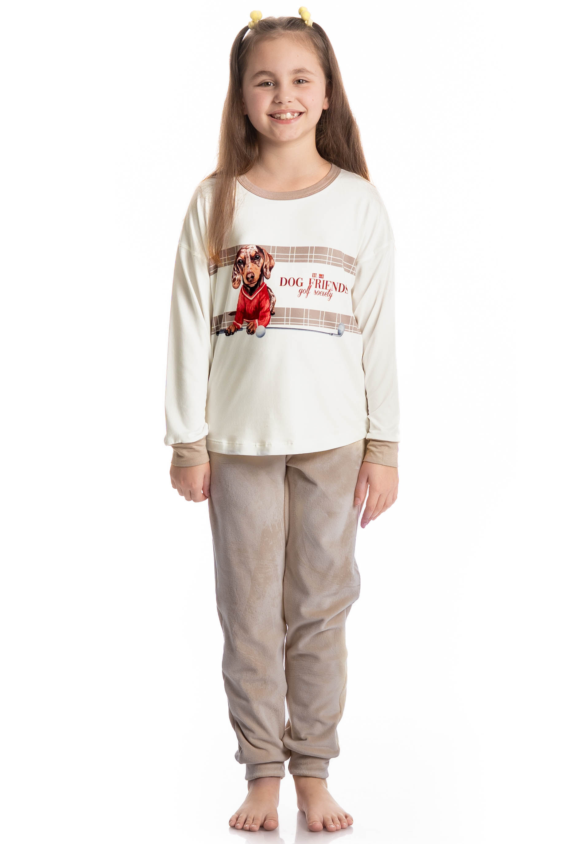 Pijama Longo Velvet Infantil Unissex Dogs Golf Bege - Imagem 1