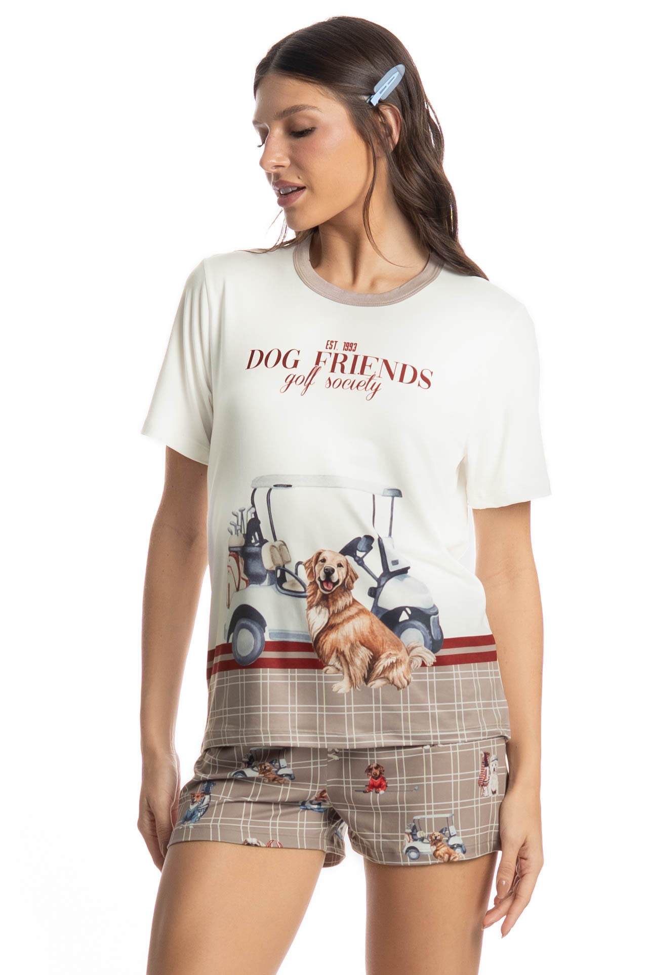 Pijama Feminino Curto Dogs Golf Bege - Imagem 1