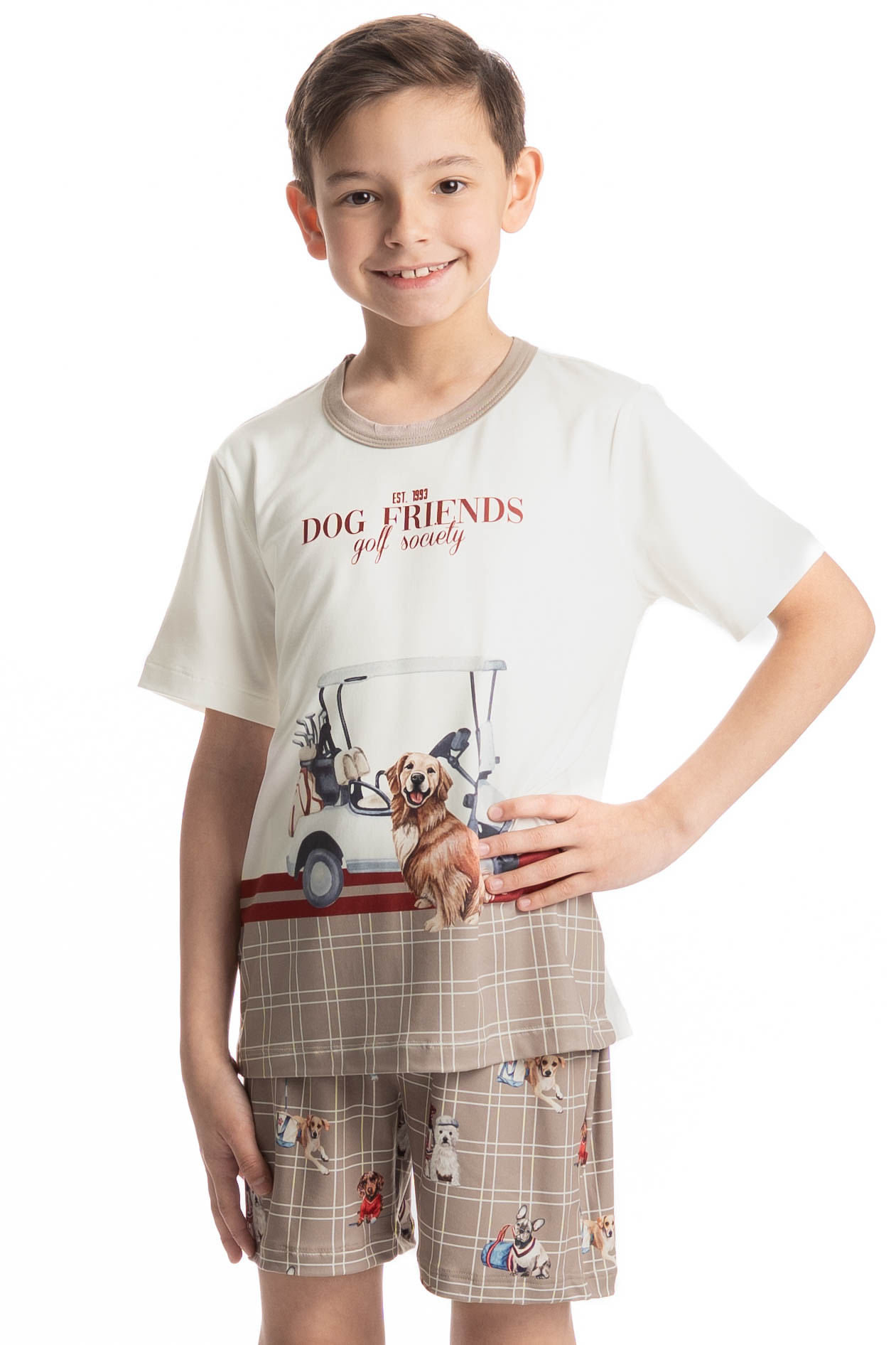 Pijama Curto Infantil Unissex Dogs Golf Bege - Imagem 1