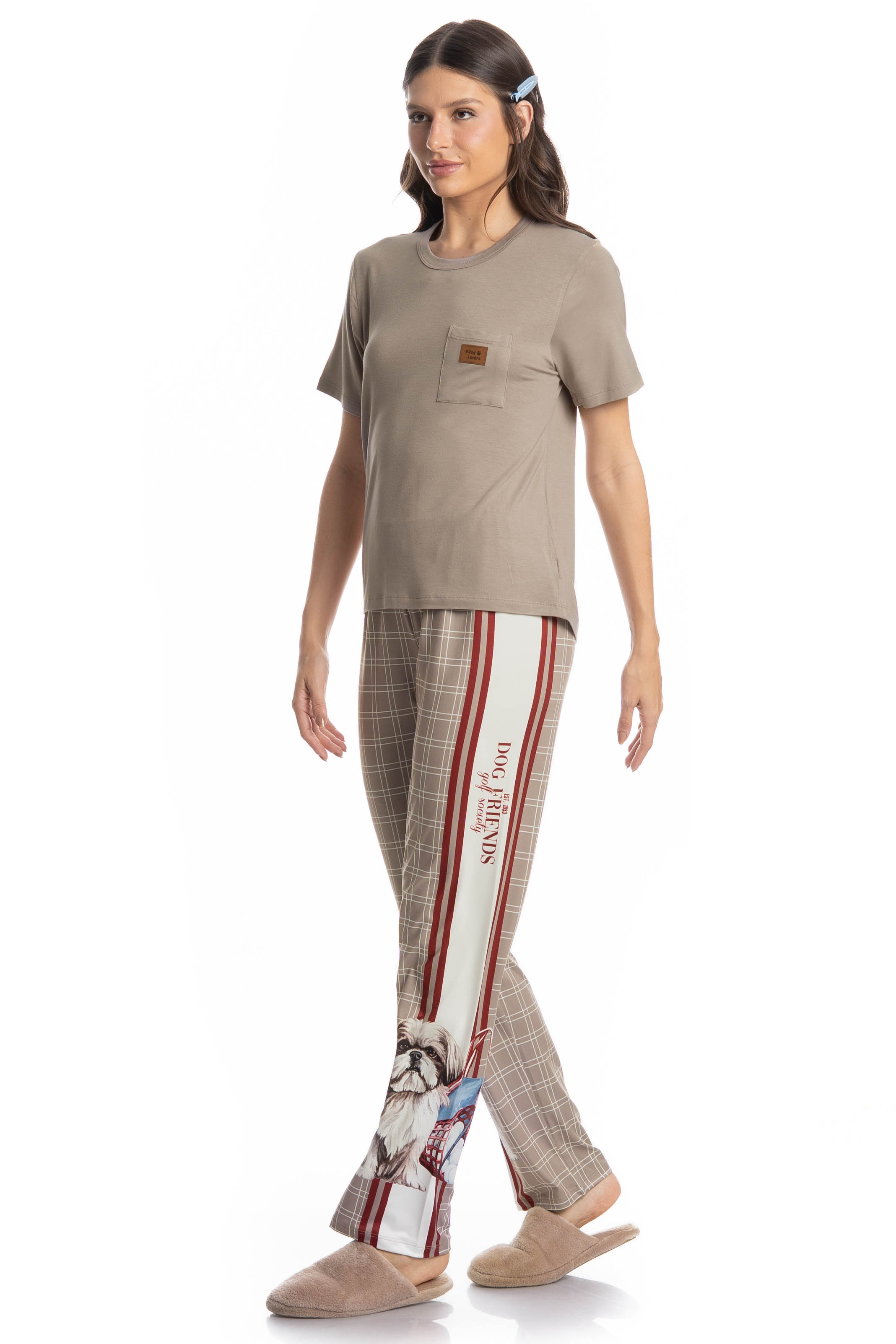 Pijama Feminino Longo Manga Curta Dogs Golf Bege - Imagem 1