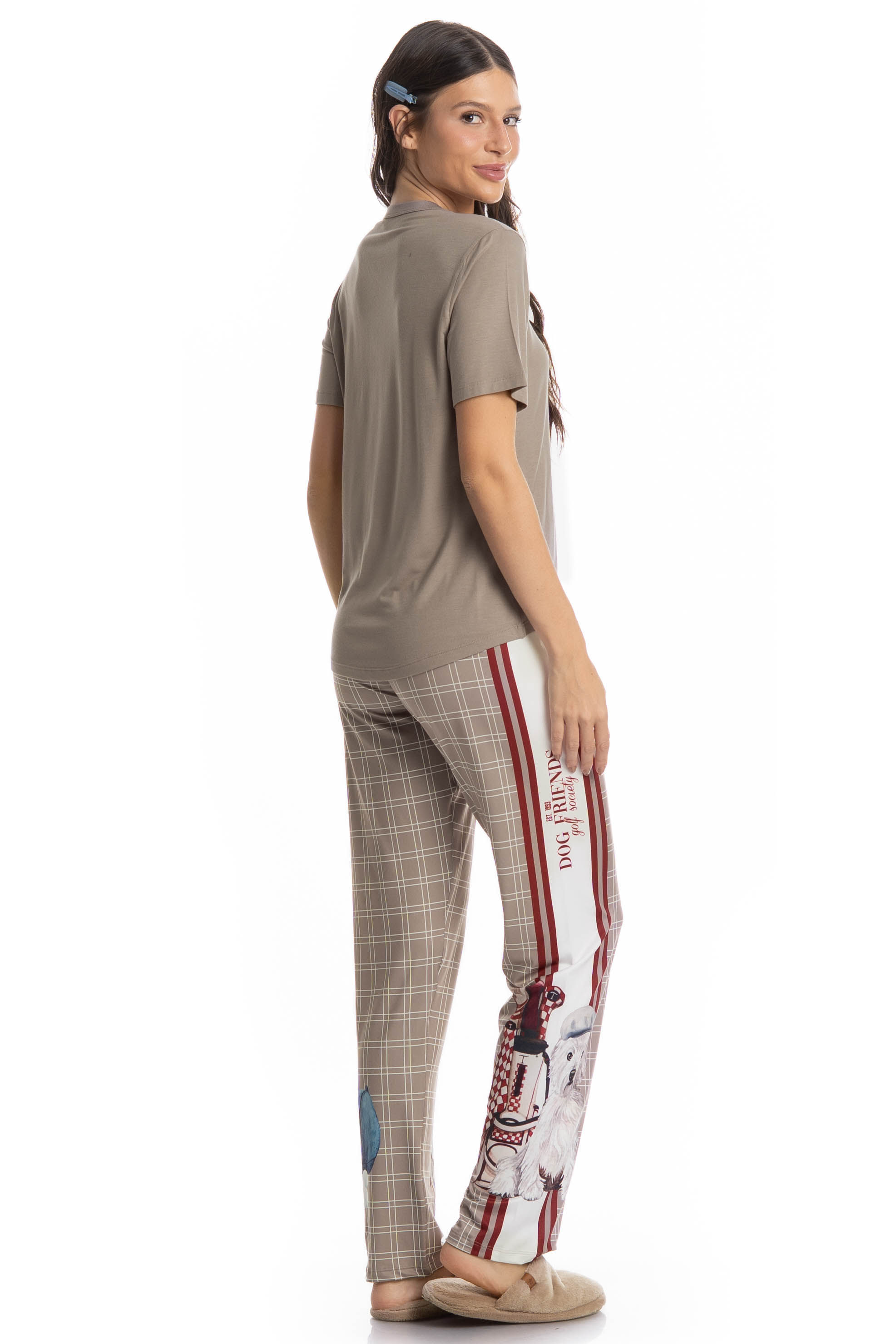 Pijama Feminino Longo Manga Curta Dogs Golf Bege - Imagem 2
