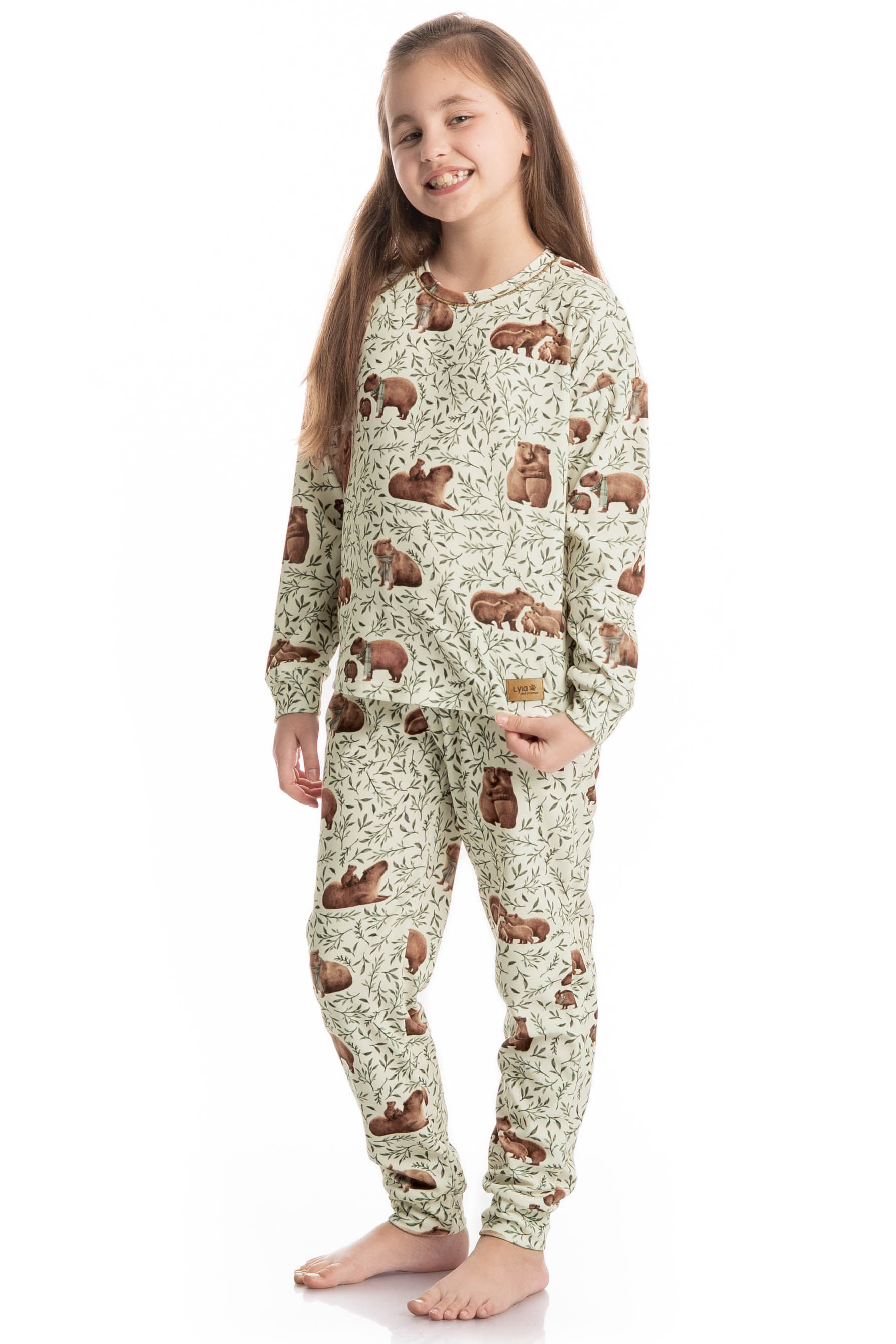 Pijama Infantil Longo Velvet Unissex Capivara Branco - Imagem 1