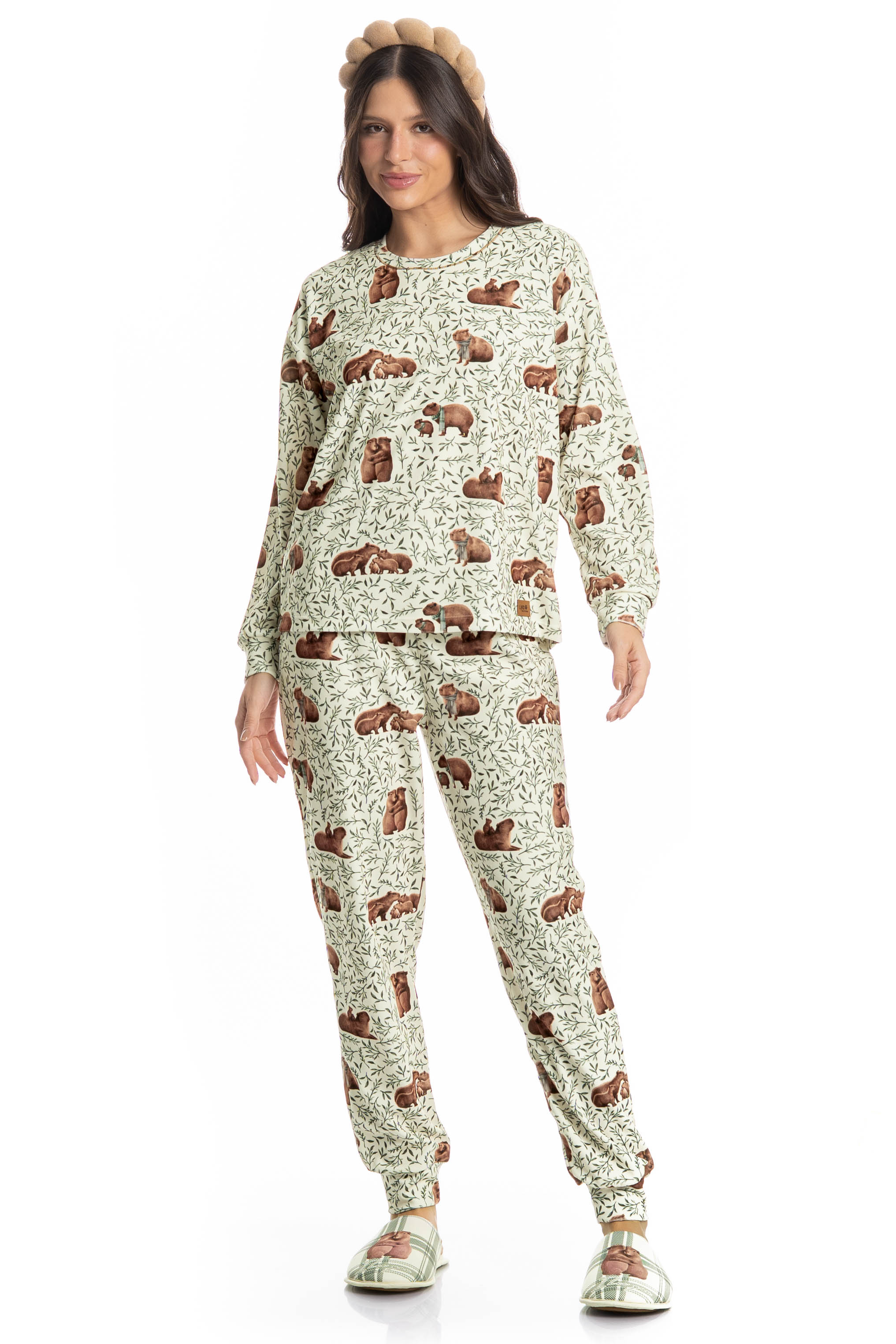 Pijama Feminino Longo Velvet Capivara Branco - Imagem 1