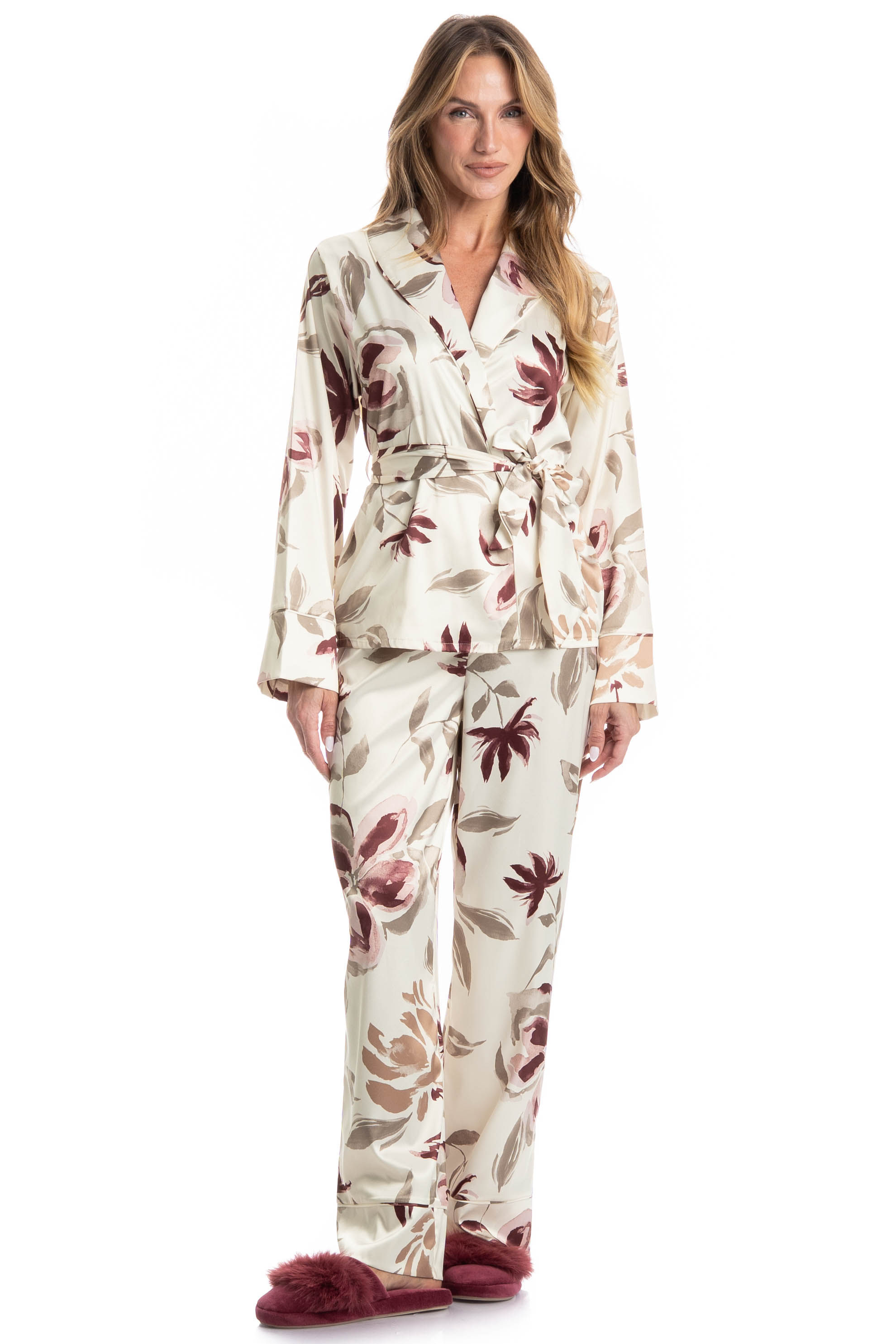 Pijama Feminino Longo Flora Vermelho - Imagem 1