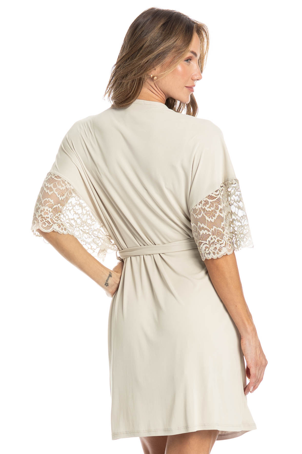 Robe Feminino Curto Com Renda Manu Bege - Imagem 2