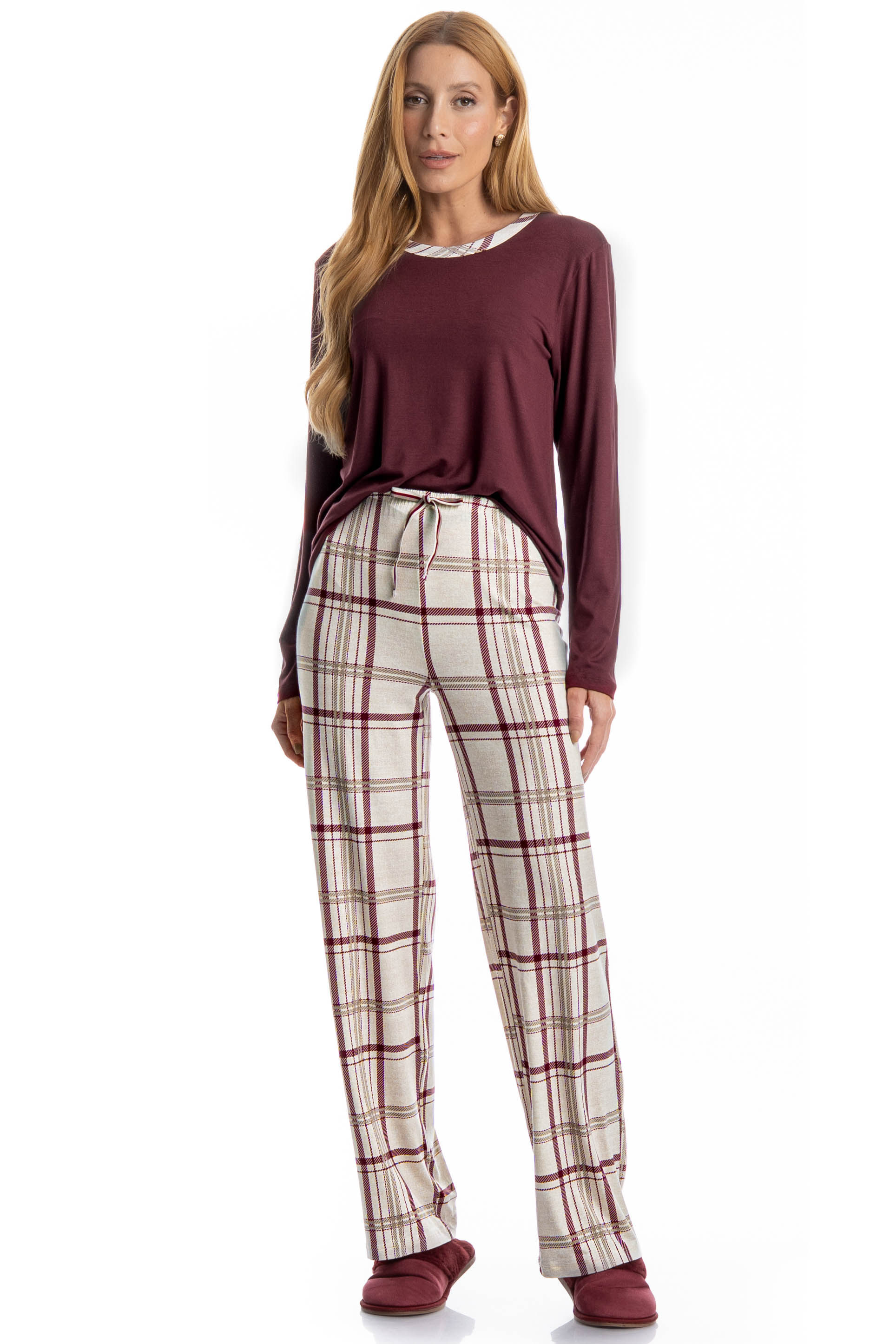 Pijama Feminino Longo Jaque Branco - Imagem 1
