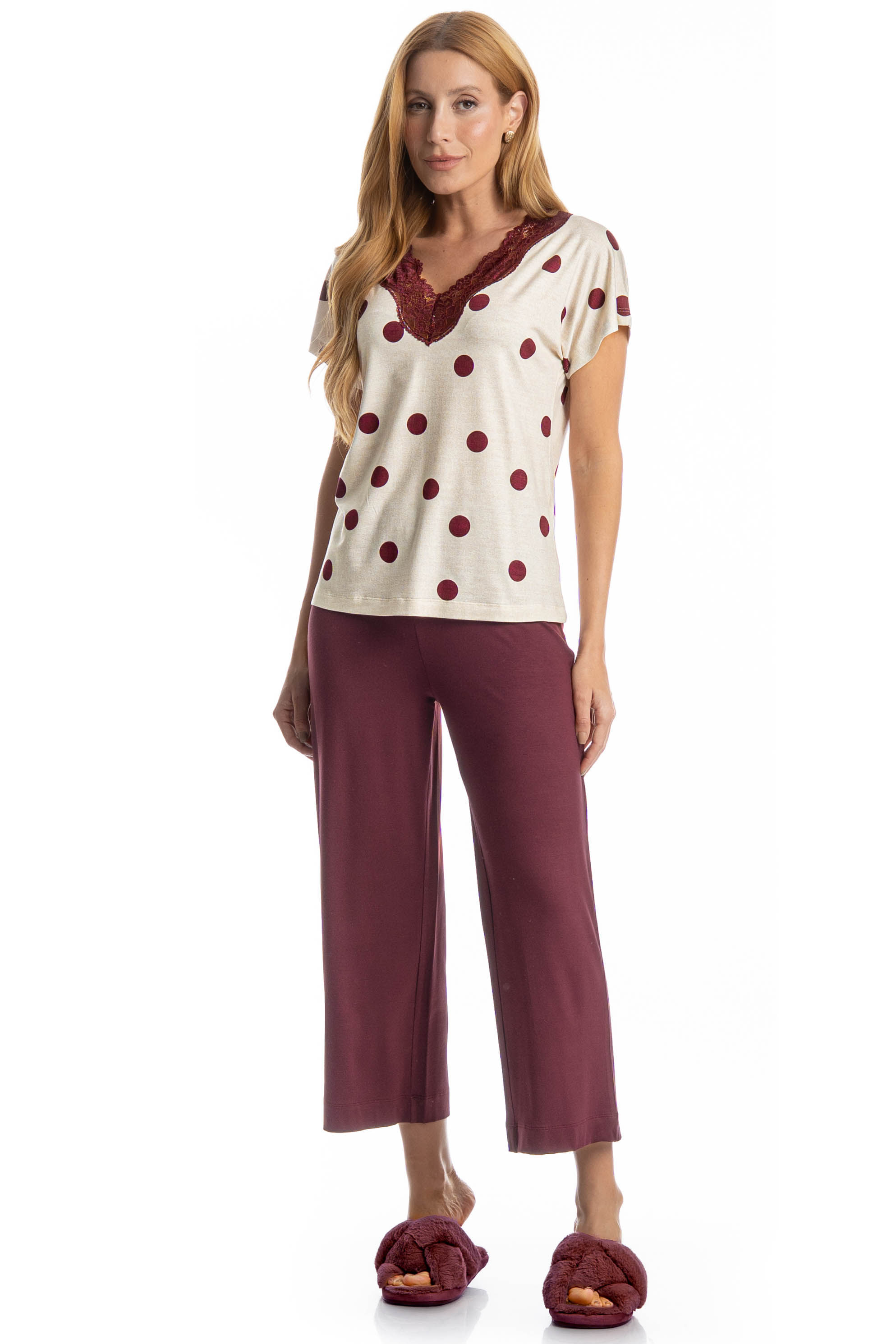 Pijama Feminino Capri Poá Branco - Imagem 1
