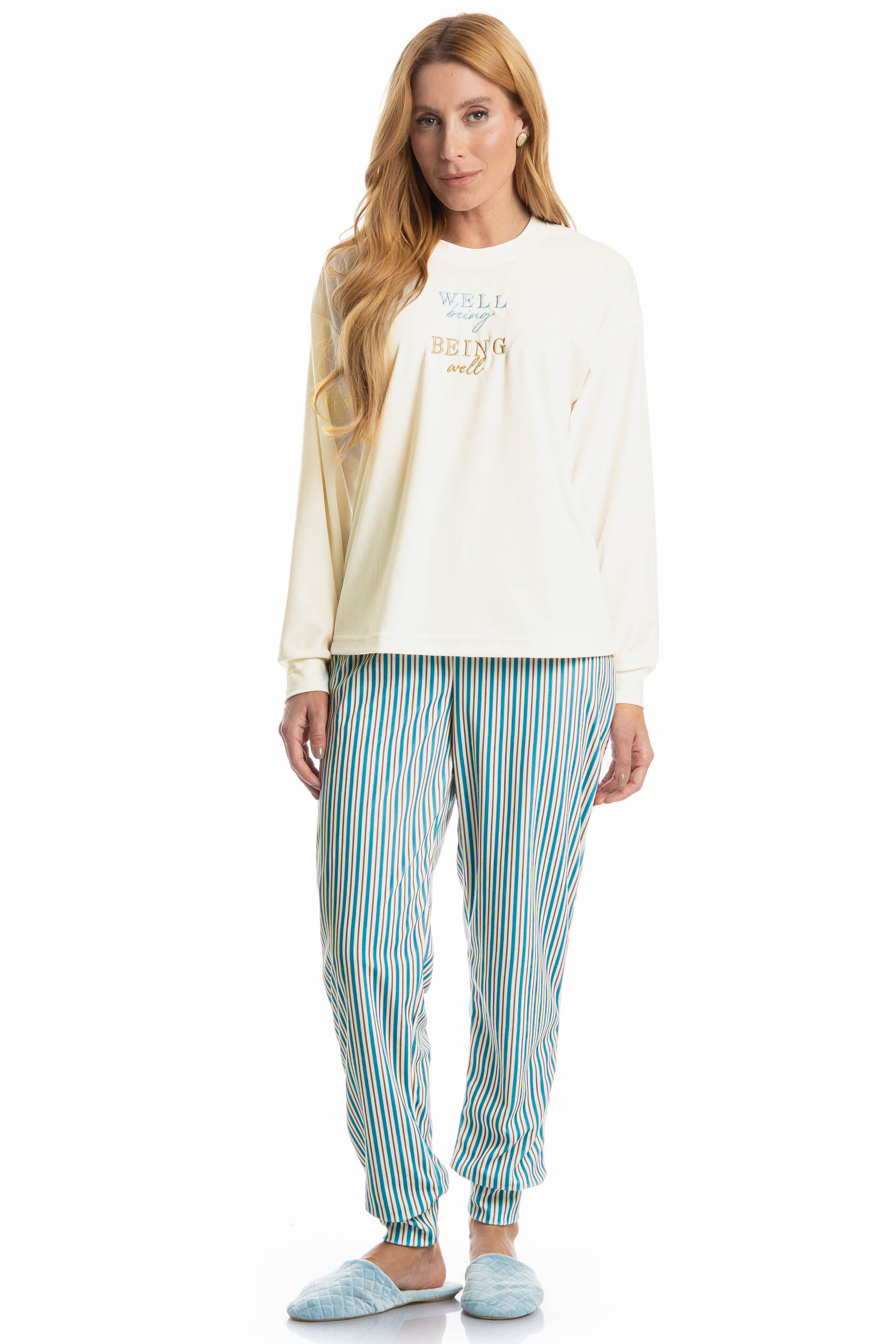 Pijama Longo Velvet Serena Azul - Imagem 1