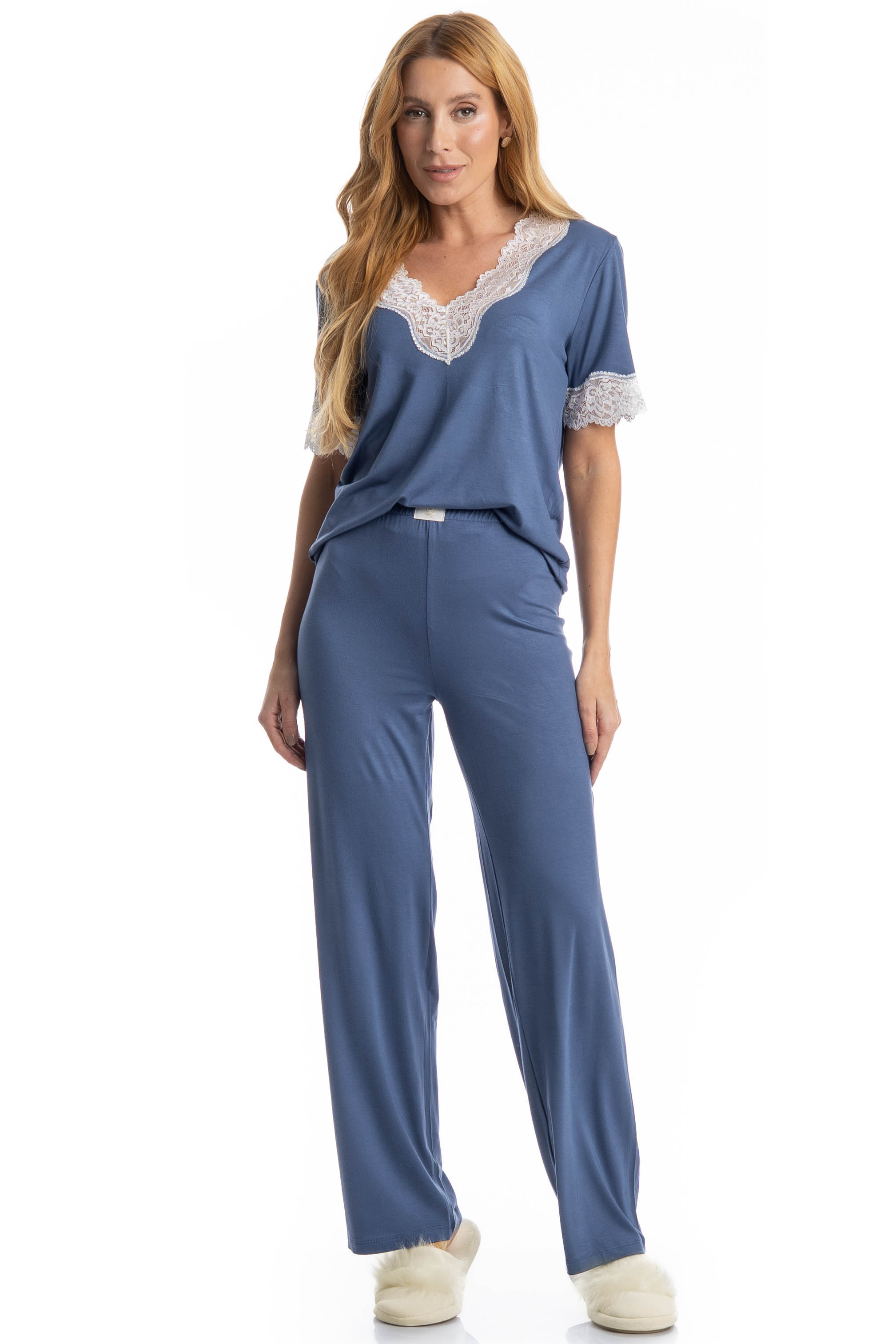 Pijama Feminino Longo Manga Curta Lily Azul-2 - Imagem 1