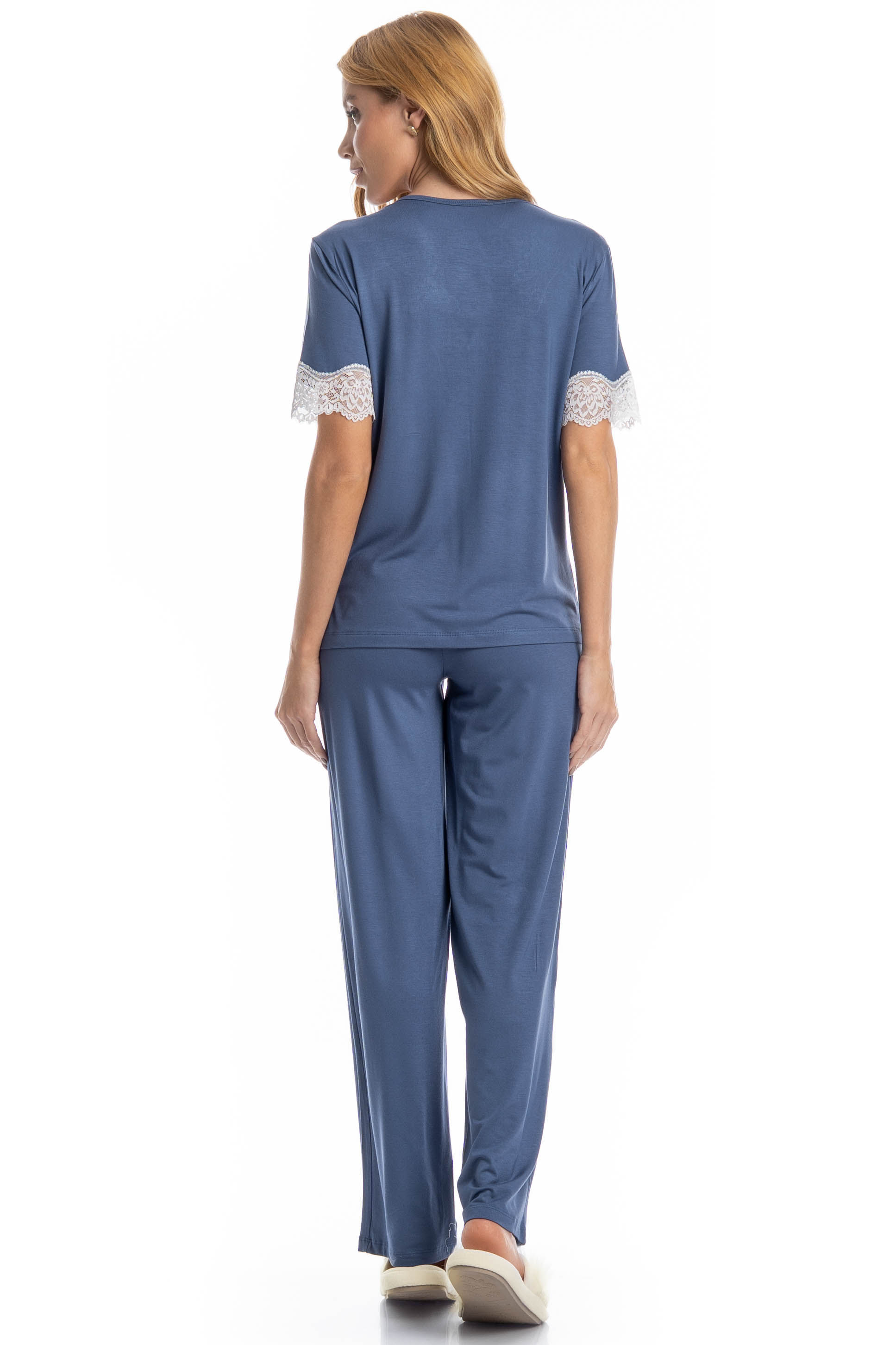 Pijama Feminino Longo Manga Curta Lily Azul-2 - Imagem 2