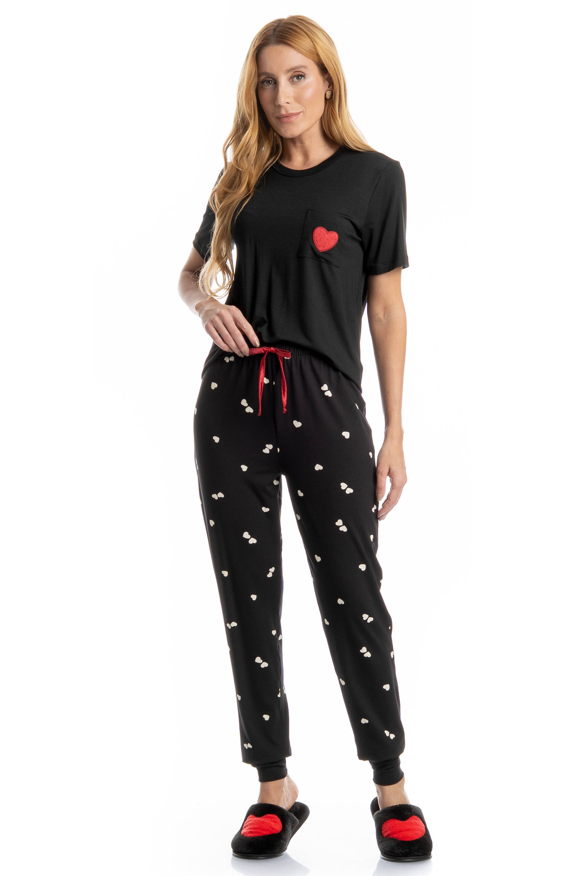 Pijama Longo Manga Curta Lovely Preto - Imagem 1