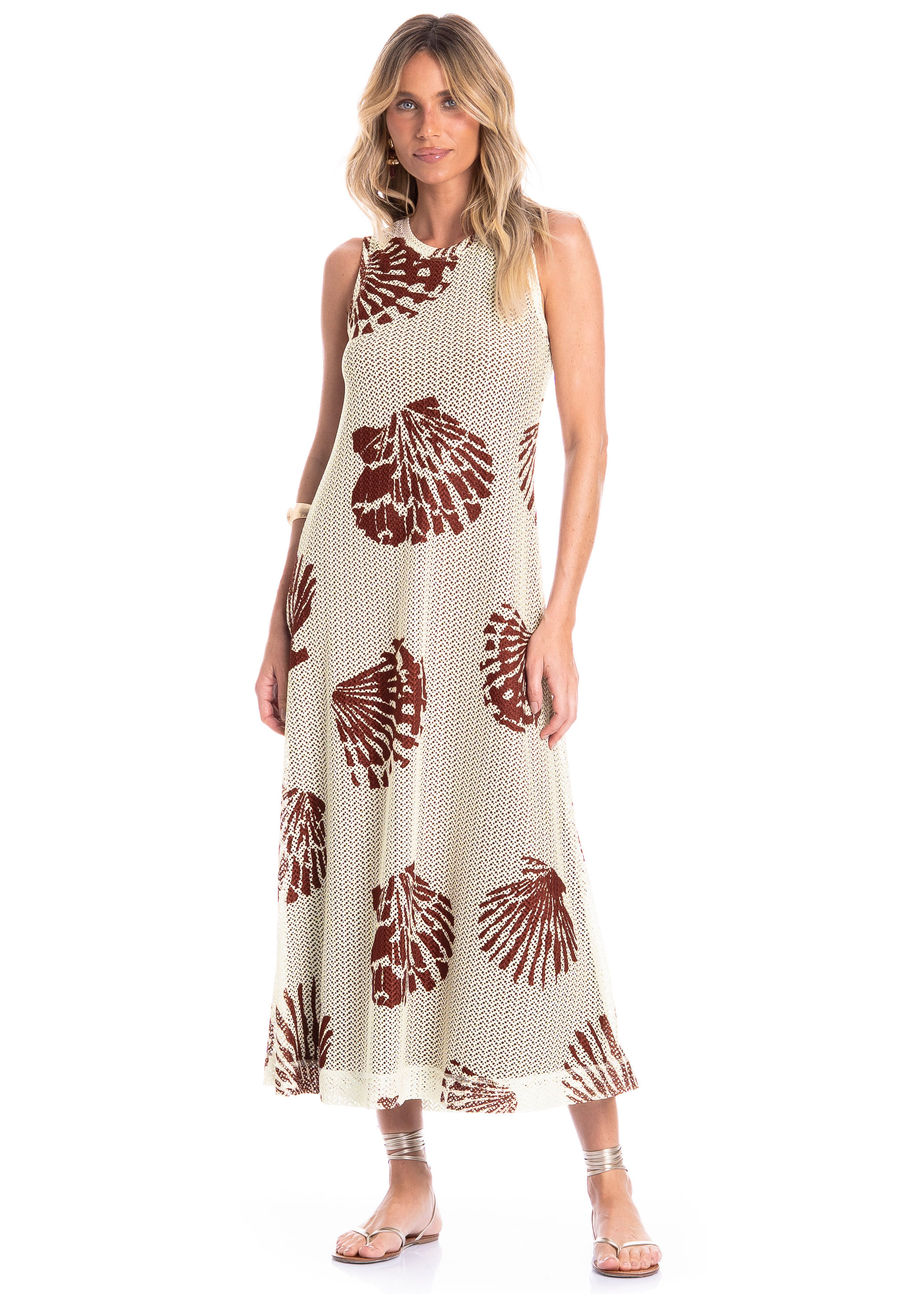 Vestido Feminino Regata Evasê Conchas Marrom - Imagem 1