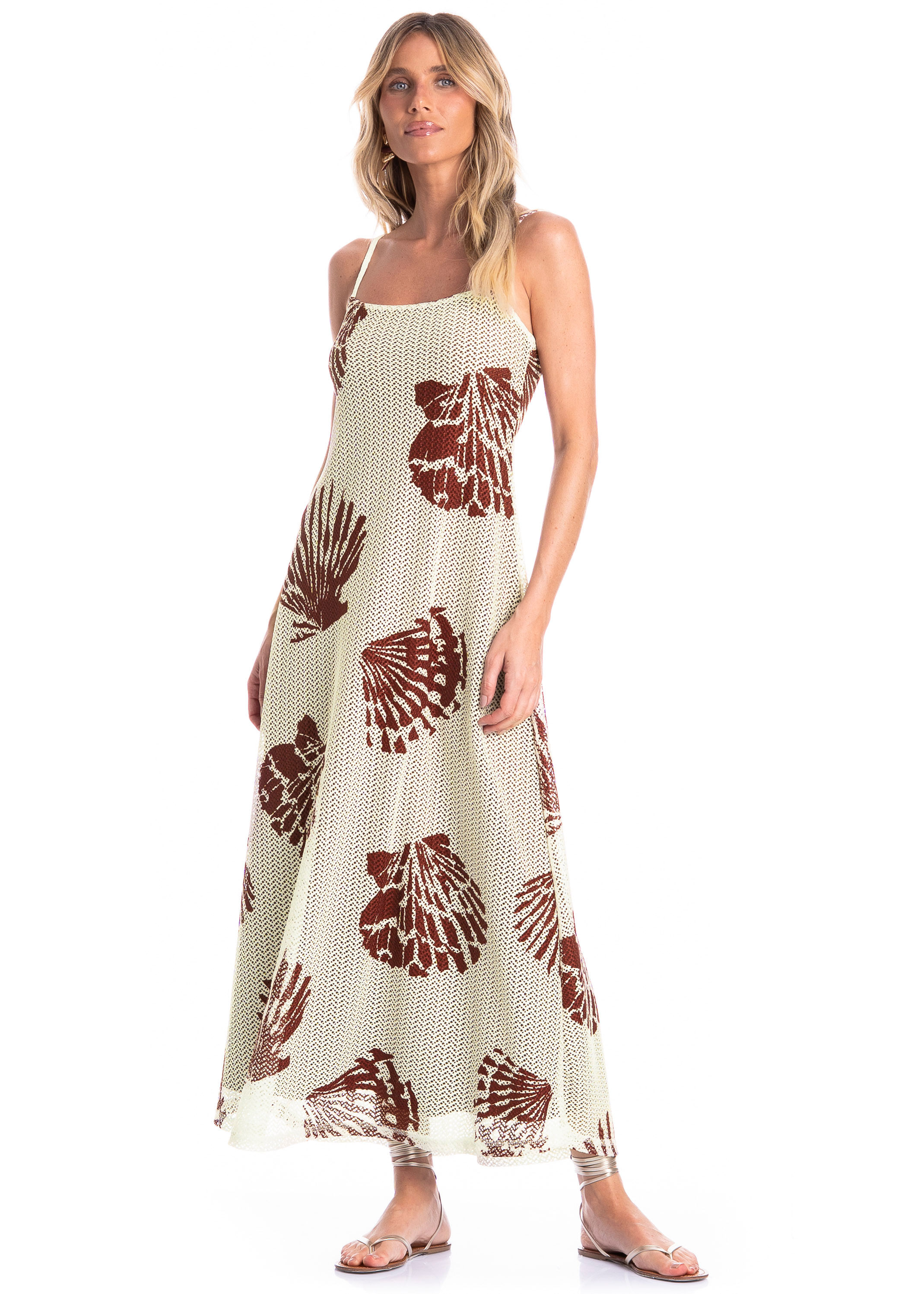 Vestido Feminino Longo Conchas Marrom - Imagem 1