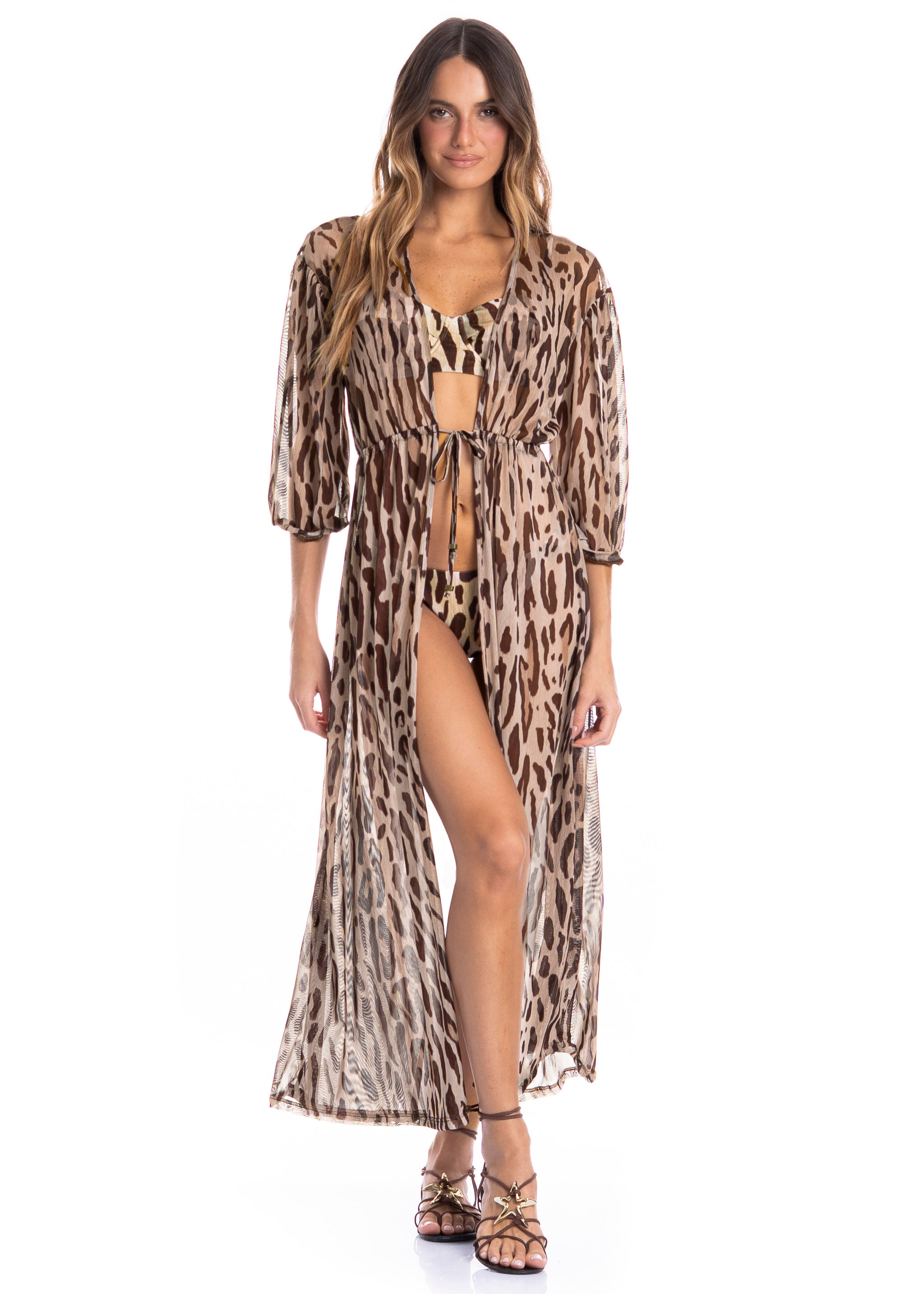 Kaftan Tule Com Manga Onça Marrom - Imagem 1