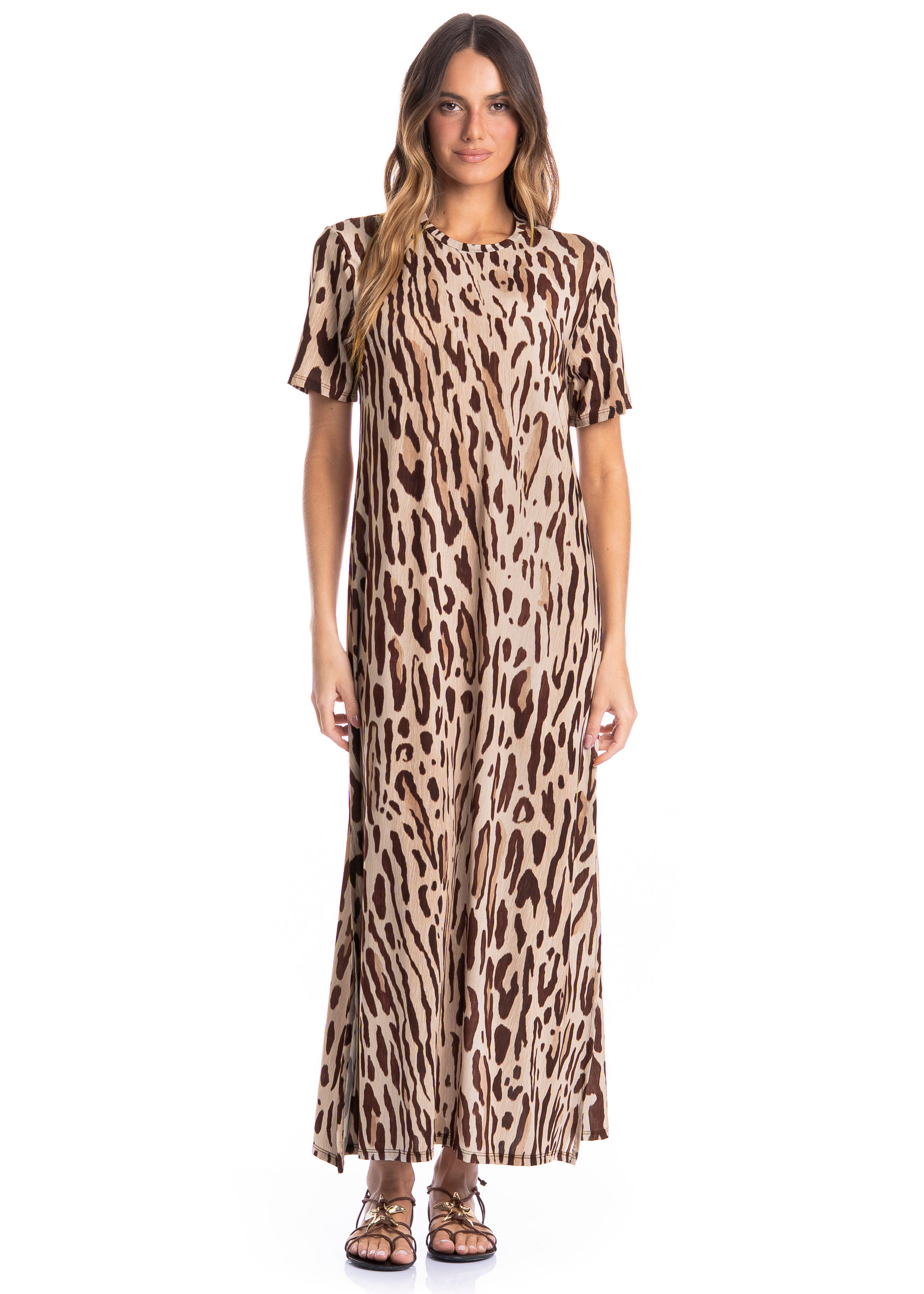 Vestido Feminino Com Manga Onça Marrom - Imagem 1