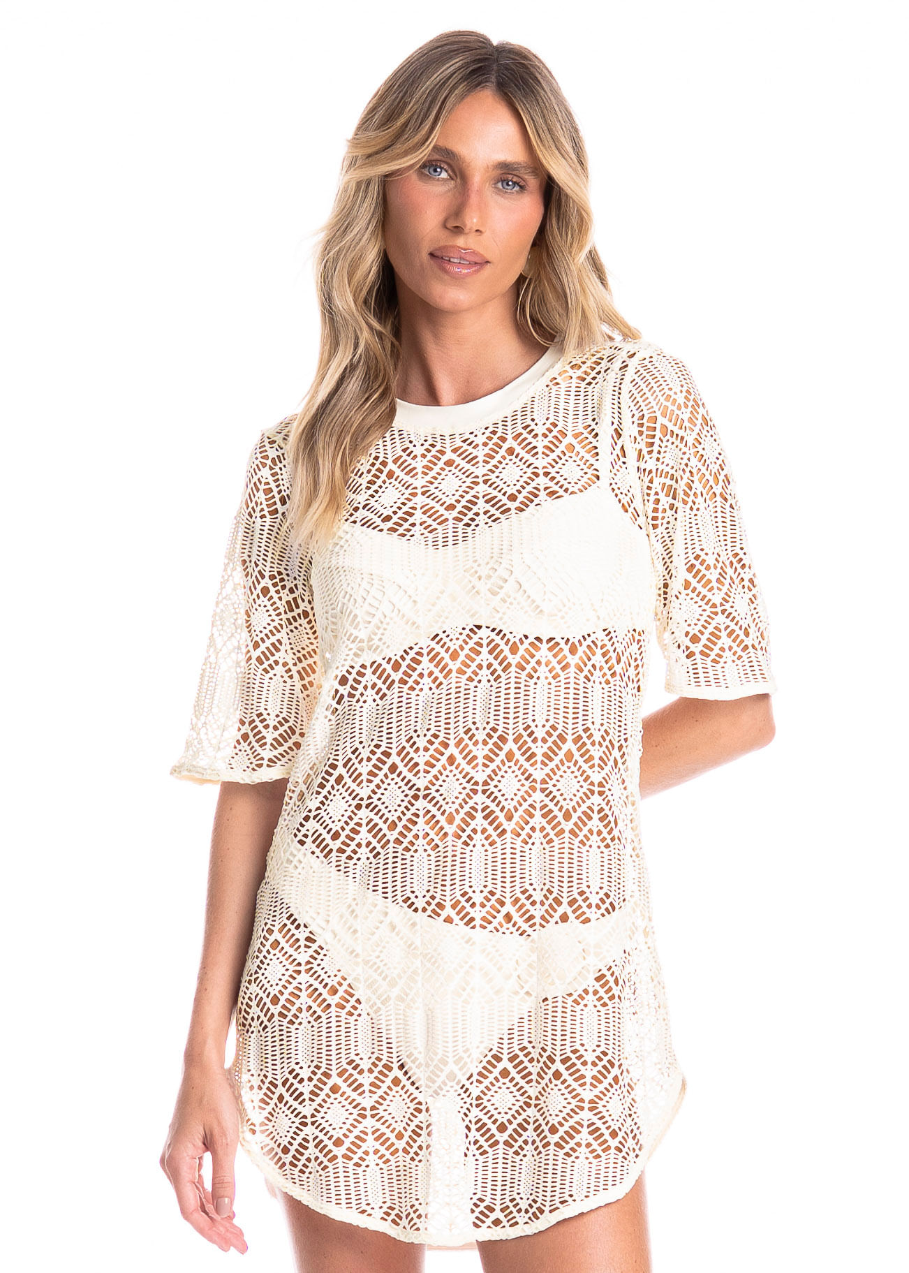Vestido Feminino Curto Com Manga Barolo Branco - Imagem 1