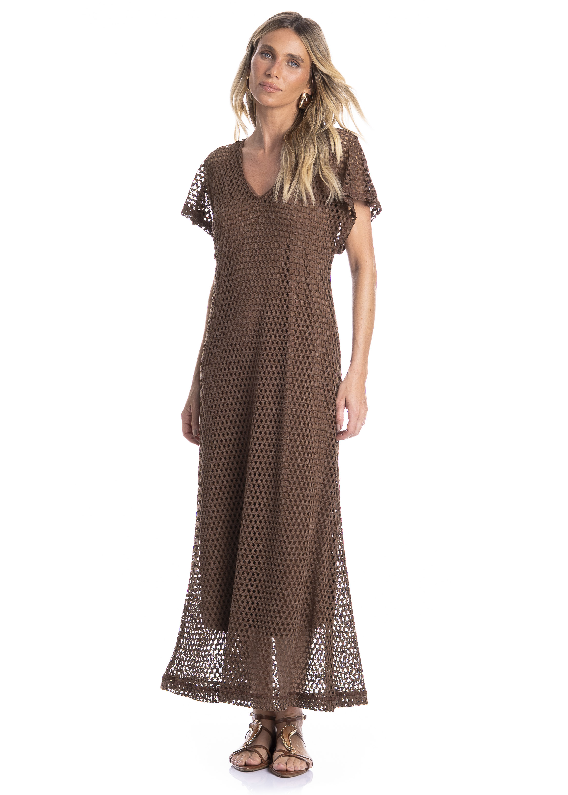 Vestido Feminino Longo Com Combinete Trama Marrom - Imagem 1