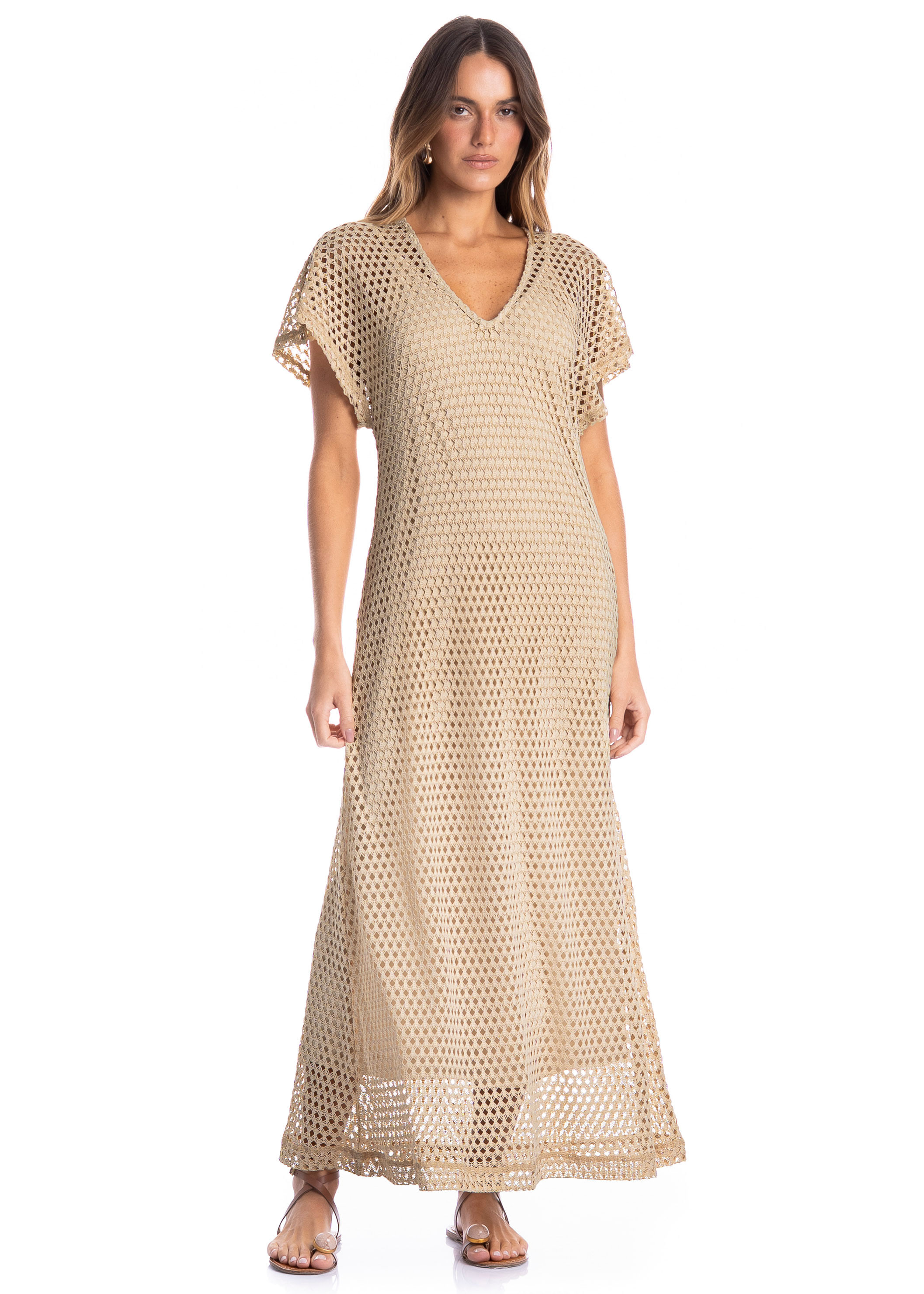Vestido Feminino Longo Com Combinete Trama Bege - Imagem 1