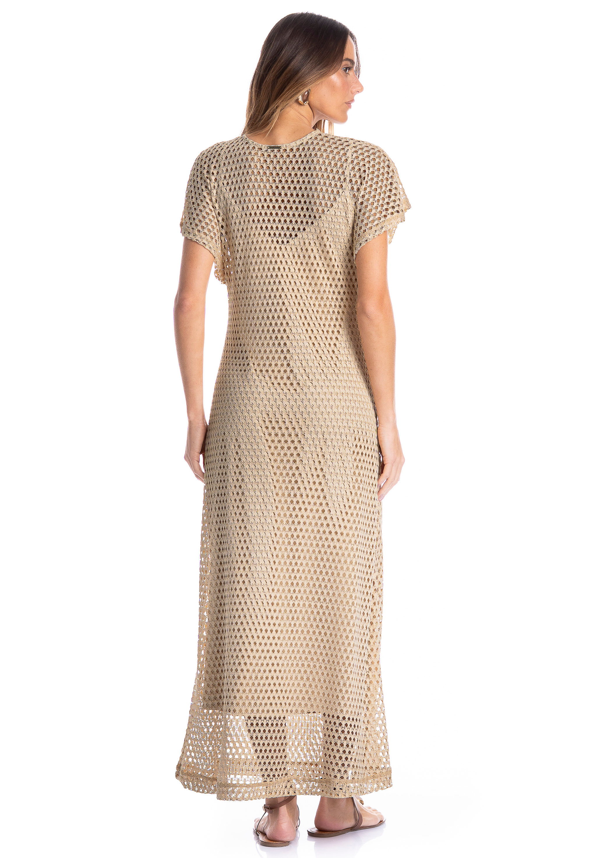 Vestido Feminino Longo Com Combinete Trama Bege - Imagem 2