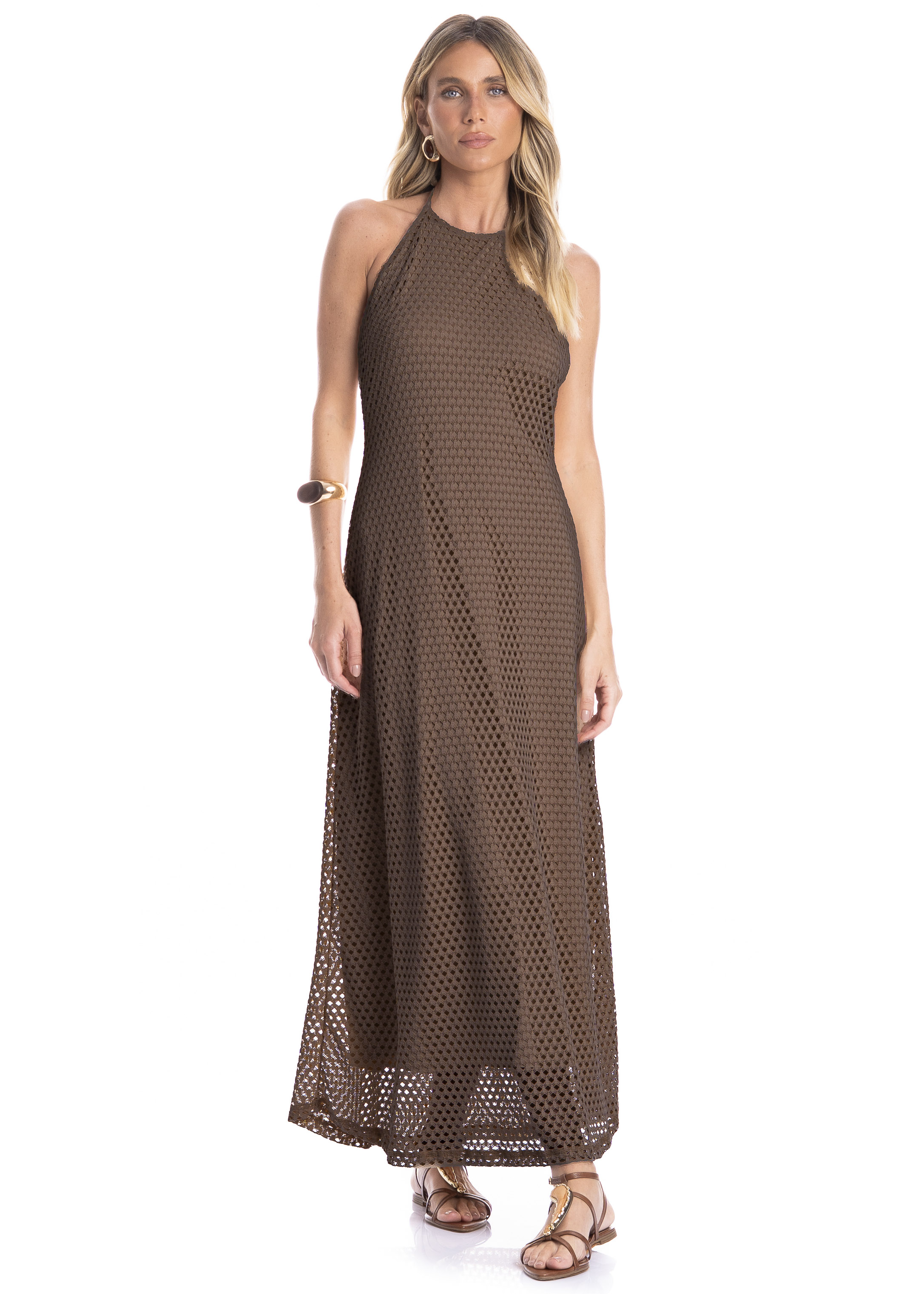 Vestido Feminino Frente Única Trama Marrom - Imagem 1