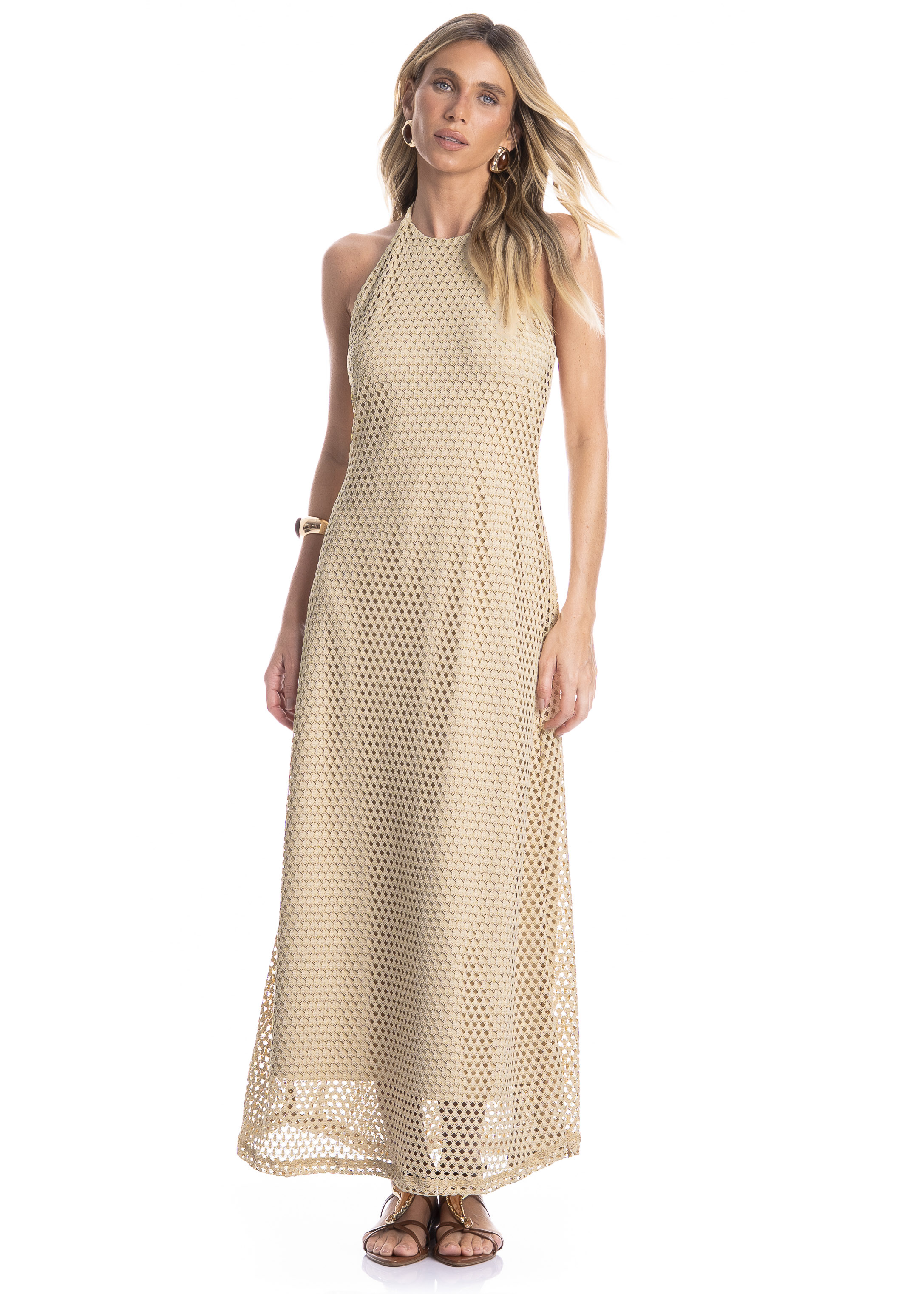 Vestido Feminino Frente Única Trama Bege - Imagem 1