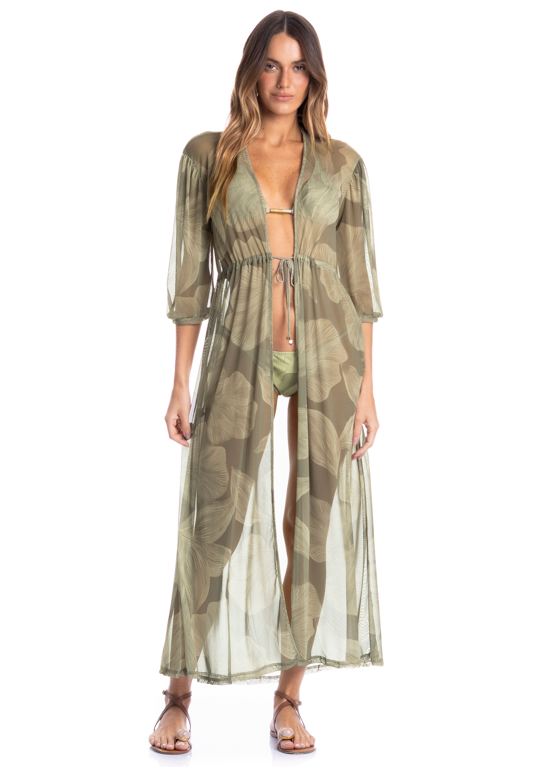 Kaftan Em Tule Com Manga Bruma Verde - Imagem 1