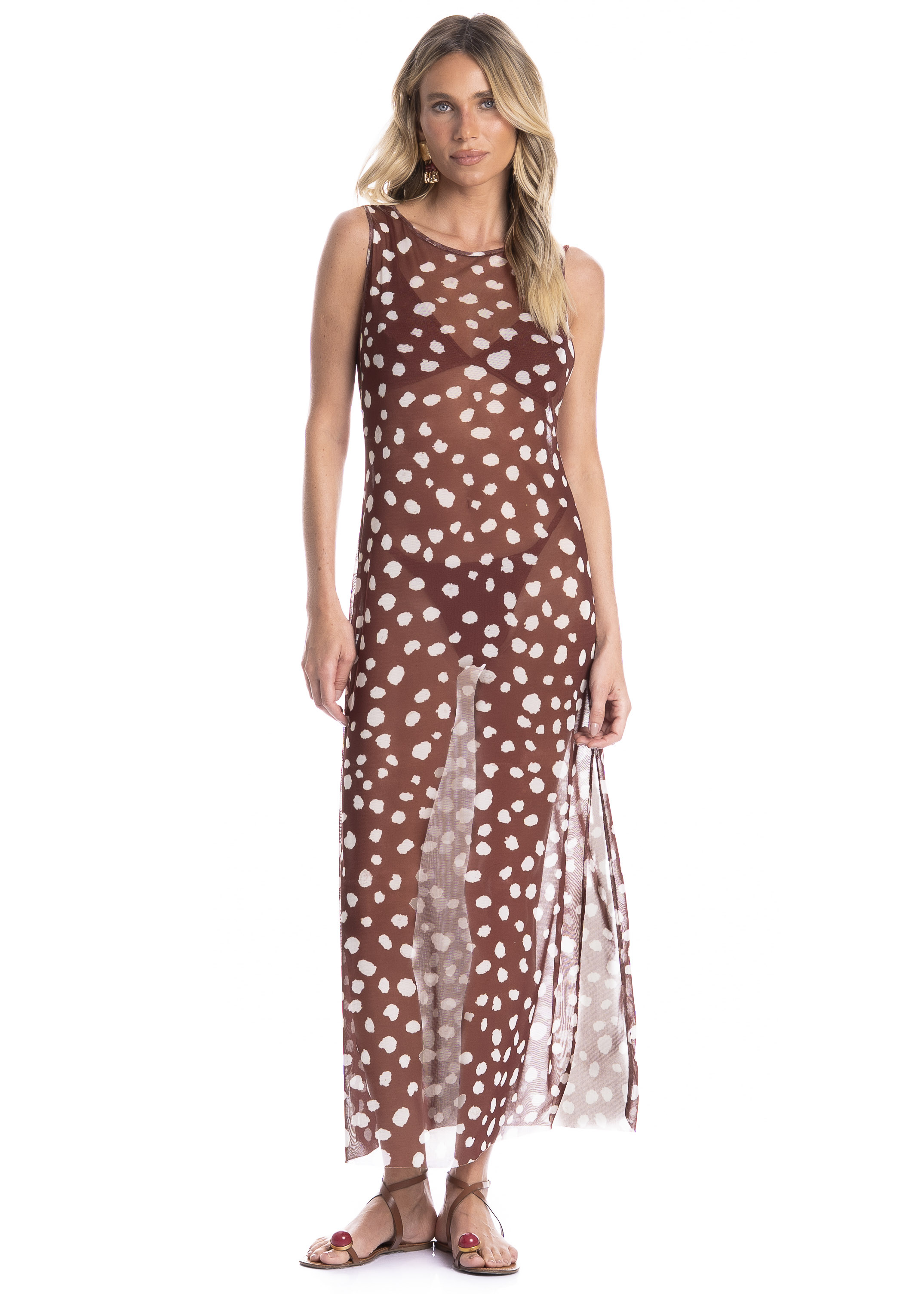 Vestido Regata Em Tule Poá Marrom - Imagem 1